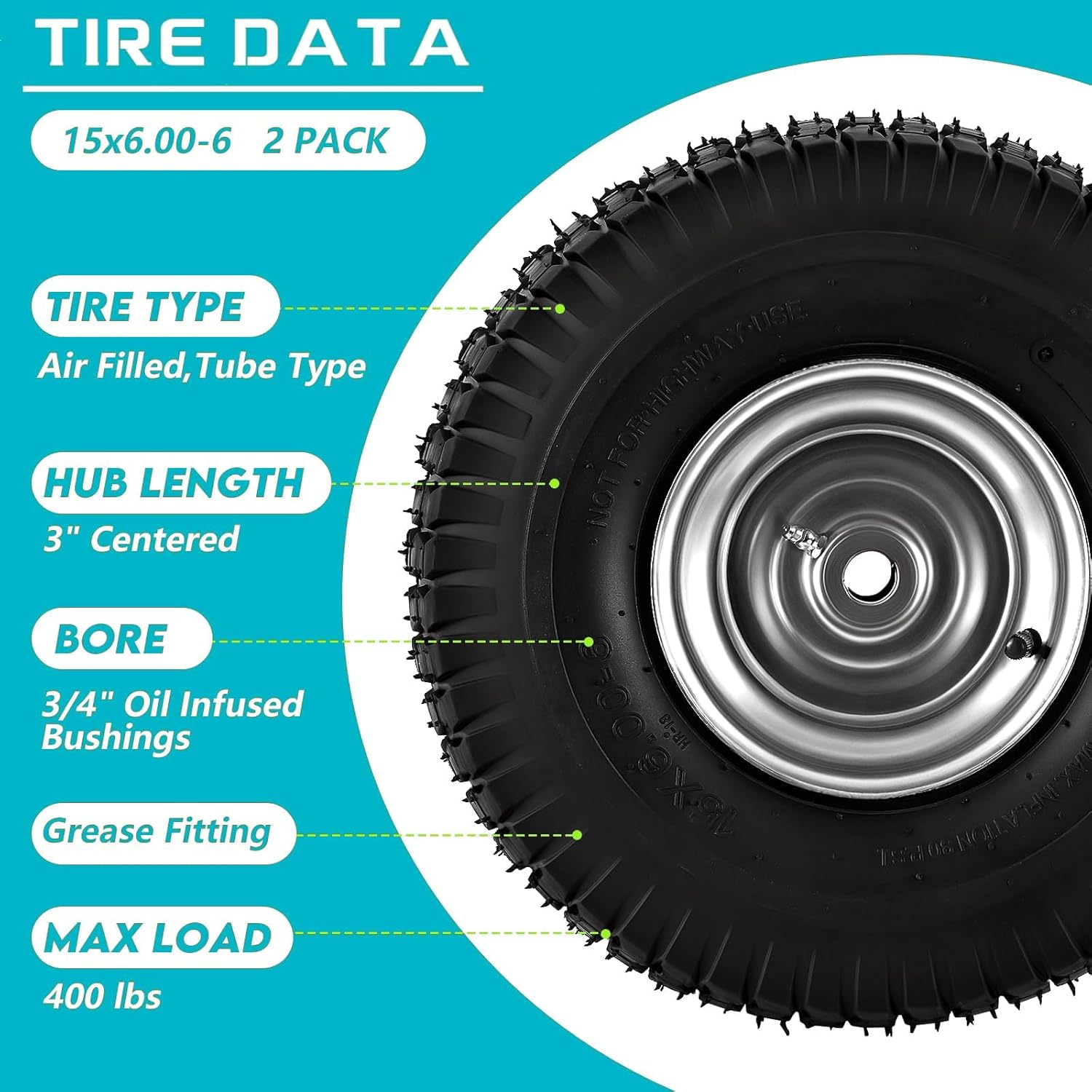 Hsupawa 15X6.00-6 Lawn Mower Tire and Natural Rubber 4 Ply with Tube 2-Pack 400 Lbs Capacity .Wheel Front Tire Compatible with John Deere Craftsman Husqvarna Riding Mowers Lawn Tractorss. image number 5