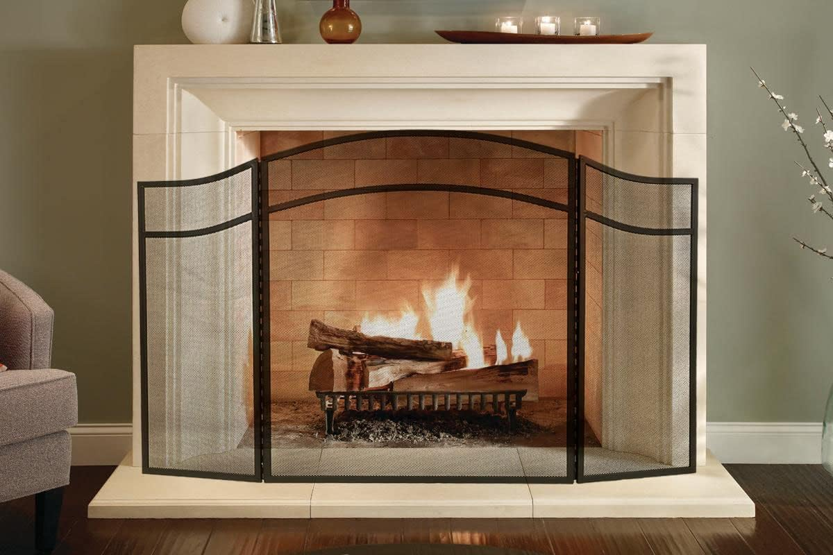 Lizh Fireplace Screen with Arch Frame 3 Panels, Steel Mesh Simple Design Fireplace Screen