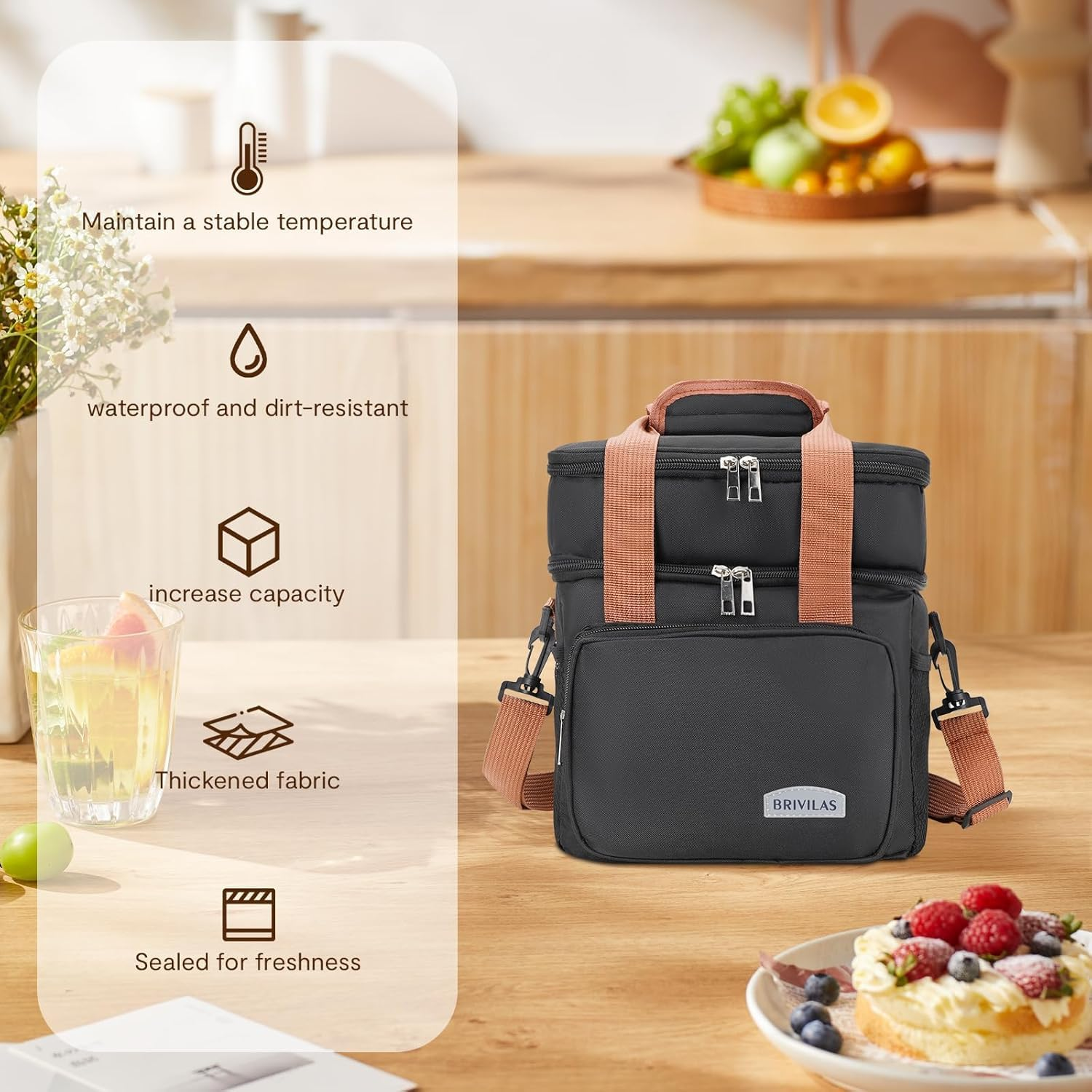 Insulated Lunch Box for Men & Women - Collapsible Cooler Bag Leakproof Double Deck, Large 12.5L Adult Lunch Bags for Work, Travel - Black Lunch Bag Cooler Lunch Box with Adjustable Strap image number 1