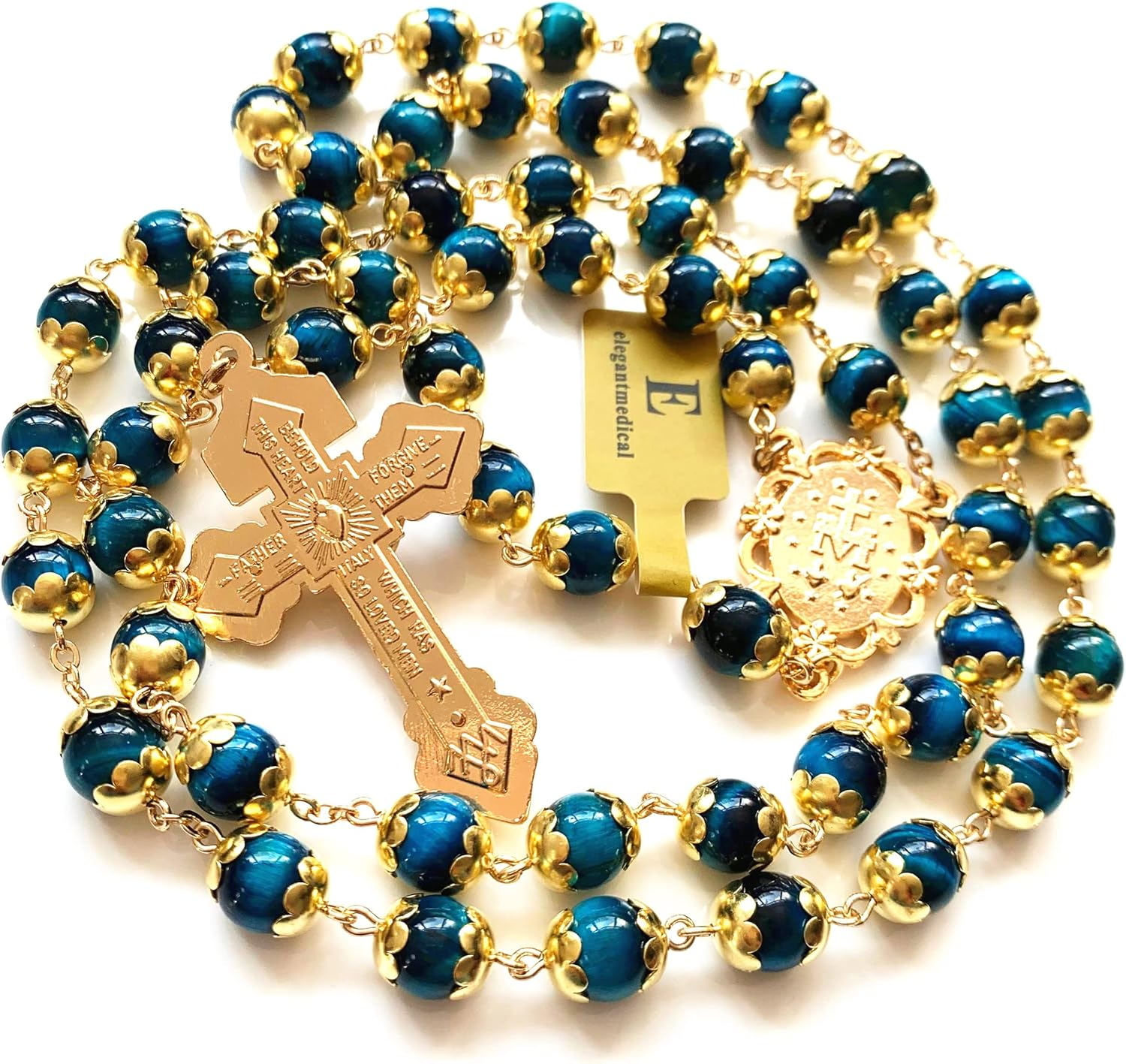 Elegantmedical HANDMADE Tiger Eye Prayer Beads Catholic Rosary Necklace Gift Box Italy Crucifix Gold - Green image number 3