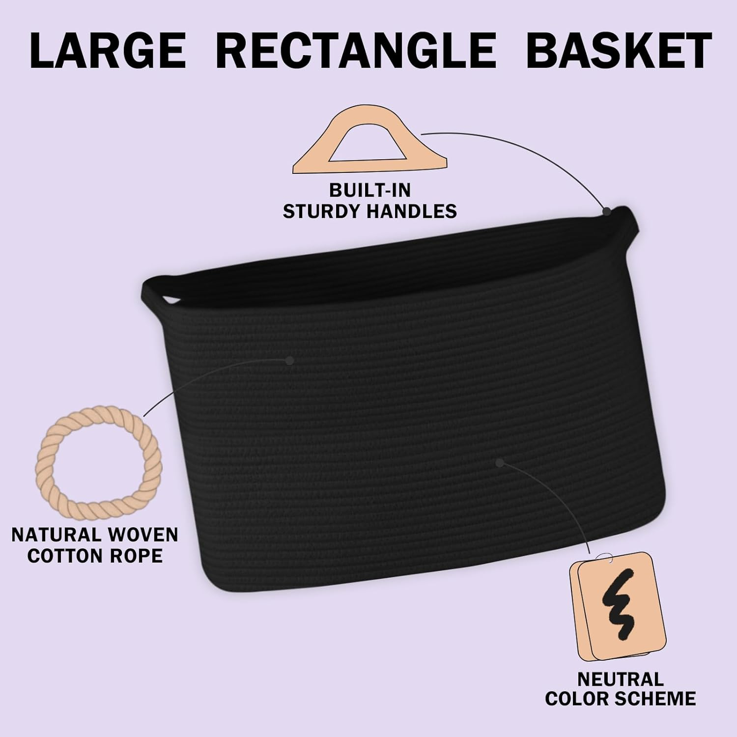 HONCESTA Extra Large Black Basket, 22" X 17" X 12" Rectangle Woven Storage Container, Soft Cotton Rope Kids Room Toy Box Bins, Big Wicker Organizer for Blankets, Pillows, Laundry