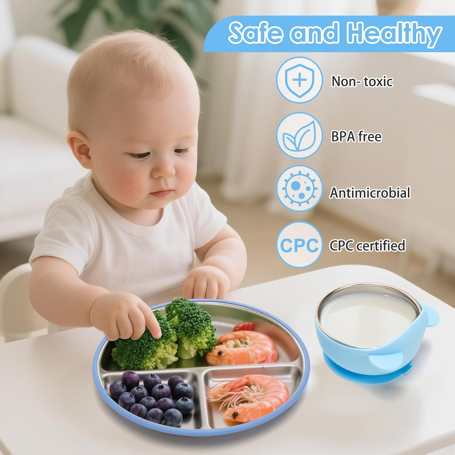 Baby Stainless Steel Feeding Set &ndash; 2 Star-Shaped Plates + 2 Bowls with Removable Silicone Sleeves | 100% Food-Grade 304 Steel | Dishwasher-Safe Tableware (Blue & Grey Plates, Blue & Green Bowls) image number 5