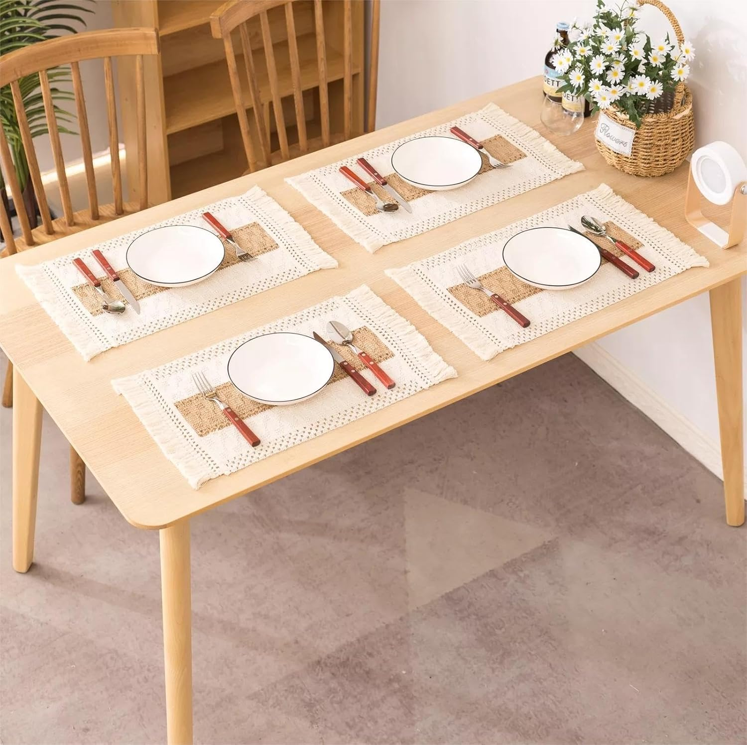 Arzoe Boho Placemats Set of 4, Christmas Placemats Macrame Table Decor and Farmhouse Style Placemats Natural Cotton Burlap, for Dining Table Centerpiece Thanksgiving Home Decorations image number 6