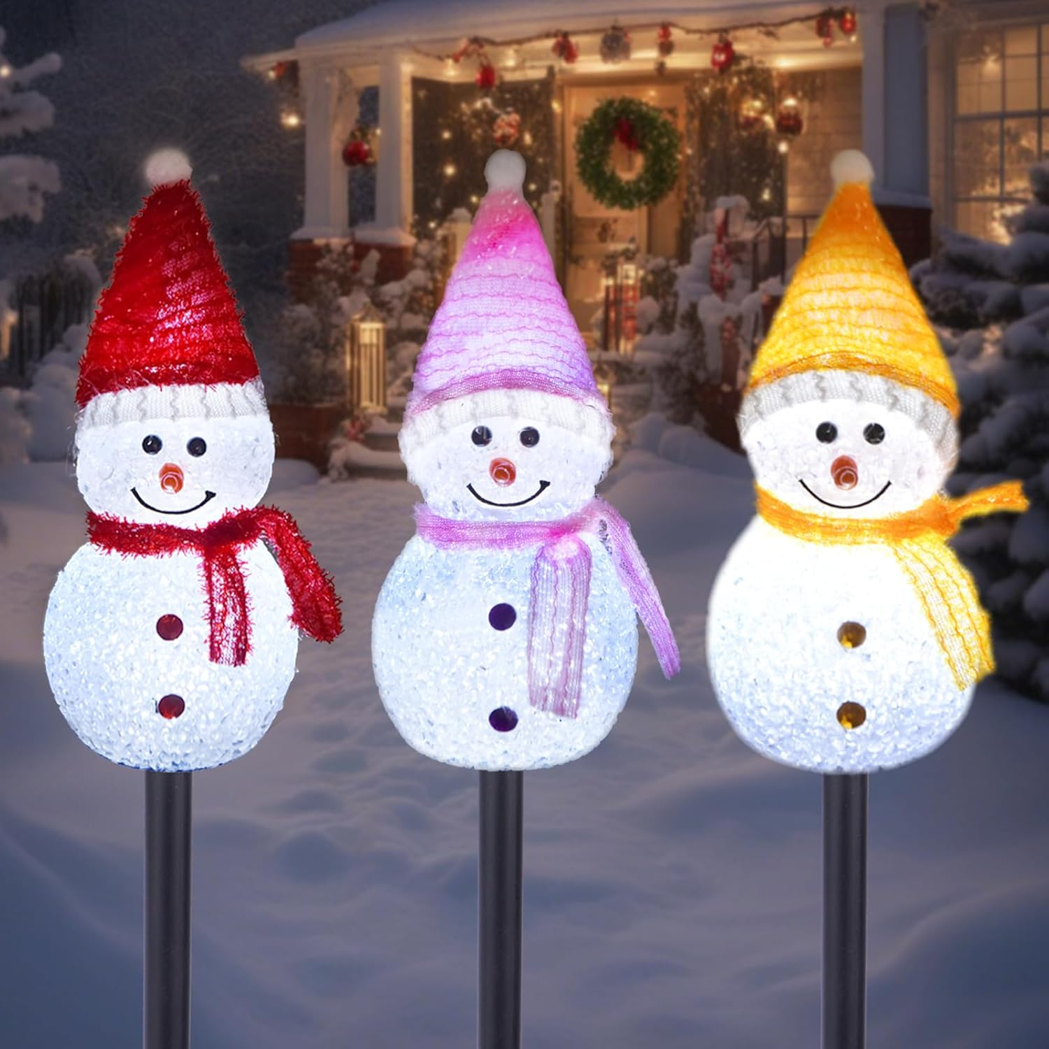 Solar Christmas Pathway Lights Outdoor Decor, Set of 3 Led Snowman Stake Lights, Waterproof Walkway Landscape Light for Winter Yard, Garden, Solar Christmas Decorations image number 1
