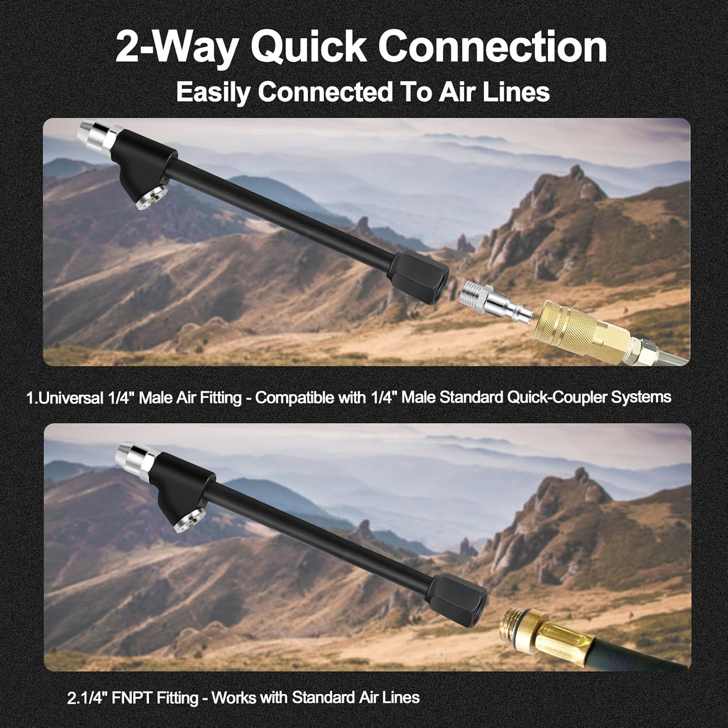 GODESON Air Chuck,1/4" FNPT Extended Reach Dual Head Chuck Set with Quick Plug,2-Way Connect Tire Chucks for Bikes,Motorcycle,Car,And Etc,Tire Air Chuck for Tire Inflator Gauge or Air Compressor image number 3