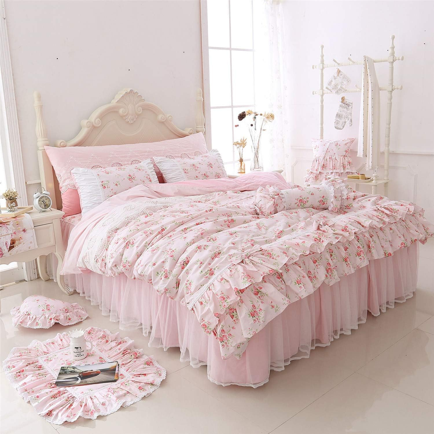 LELVA Romantic Roses Print Duvet Cover Set with Bed Skirt Pink Lace Ruffle Floral Shabby Chic Bedding Sets Twin 4 Piece image number 2