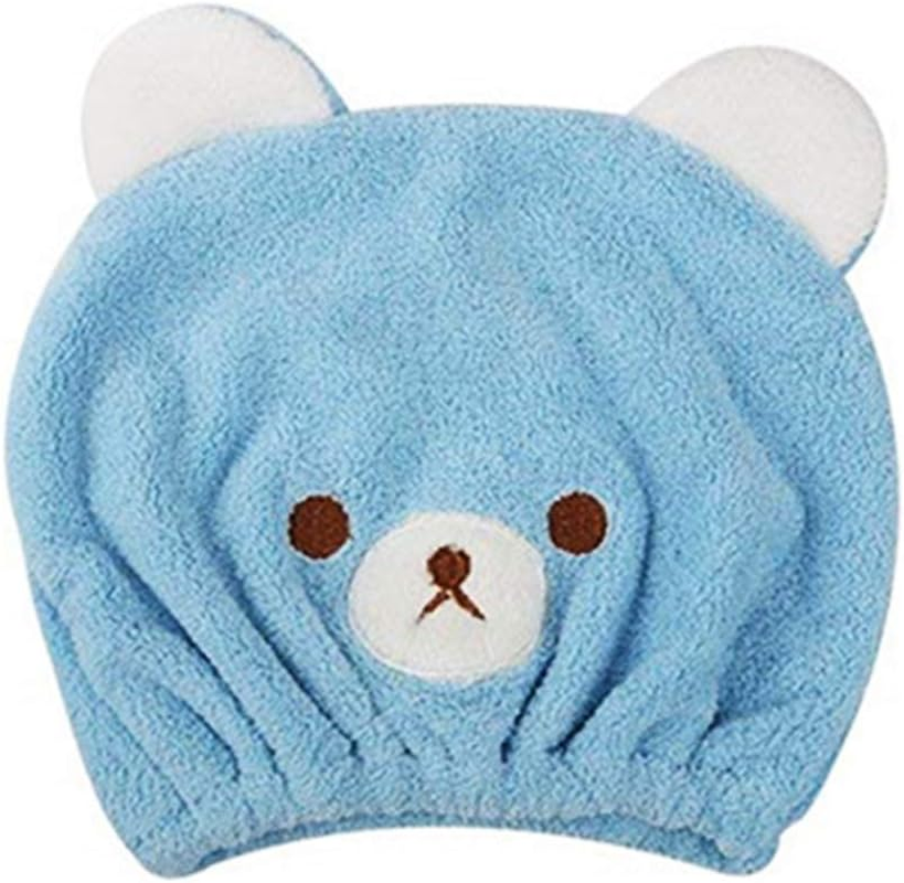 XINCHIA Kids Quick Dry Hair Towel Wrap Cap Cute Cartoon Bear Head Drying Wrap Hat Ultra Absorbent Turban Soft Velvet Bath Shower Sauna Head Towel Drying Cap Hat for Long Short Curly Straight Hair - Blue image number 3
