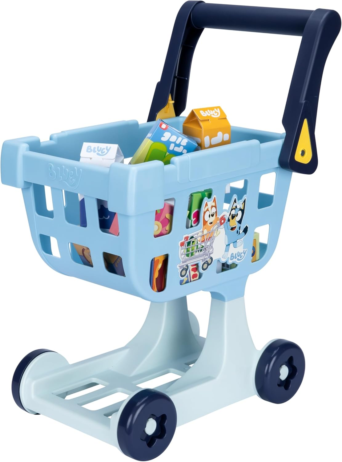 The Bluey Shopping Trolley, with Free-Rolling Wheels and Rotating Handle. the Ideal Size for Toddlers, Stands at 49Cm Tall, 8 Colorful Cardboard Shopping Goods Are Included with This Trolley image number 6
