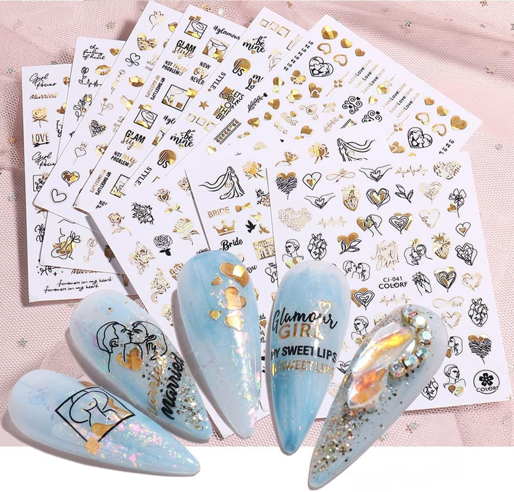 9 Sheets Valentines Day Nail Art Stickers 3D Metallic Black Gold Valentine'S Day Nail Decals Metal Abstract Nail Stickers Love Heart Kiss Rose Lips Designs for Valentines Nail Art Decorations