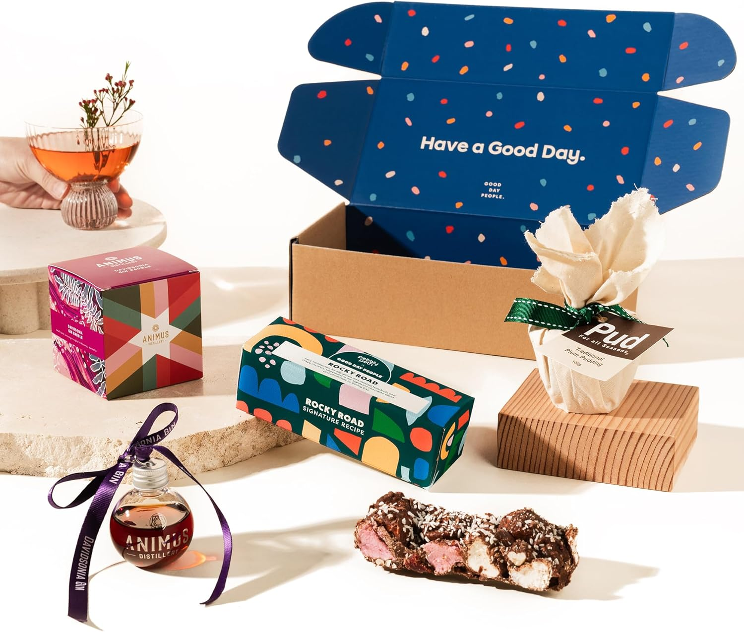 Festive Gift & Christmas Hamper | Mistletoe Mike Gift Hamper by Good Day People | Premium Holiday Hamper, Snack Gift Box, and Chocolate Gift Set for the Holidays | with Animus Gin Bauble, Rocky Road, Christmas Pudding & Gourmet Treats &ndash; Gift Box for Celebrations & Seasonal Occasions image number 3