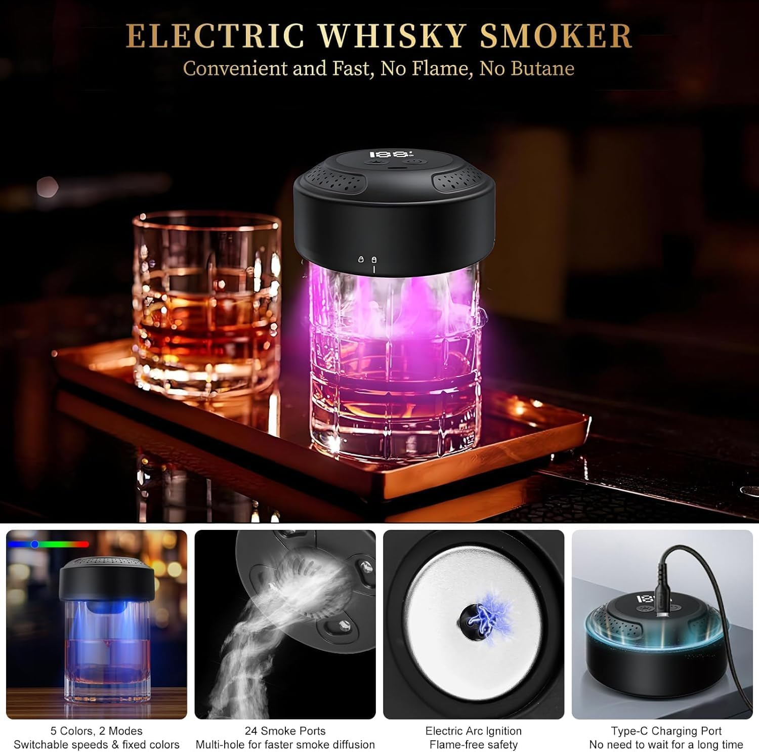 Electric Whiskey Smoker Kit, Old Fashioned Smoker Kit, Built-In Lighter & Ambient Light, 4 Reusable Ice Cubes 6 Wood Chips, Gifts for Men Dad Husband Whiskey Lovers