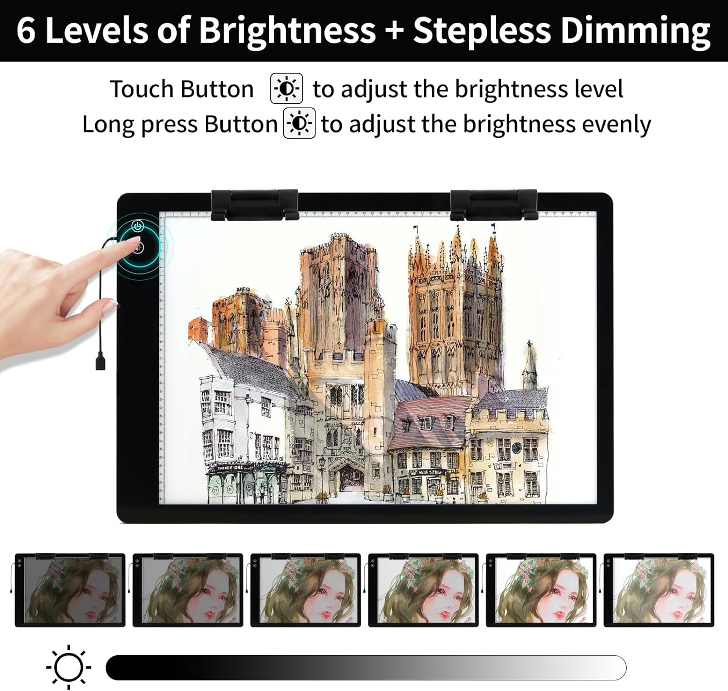 Upgraded Rechargeable A2 Light Pad, TOHETO 5200Mah Battery Powered Large Tracing Light Box, 6 Levels & Stepless / 3 Colors Super Bright Light Board for Diamond Painting, Tattoo Drawing, Sketching image number 3