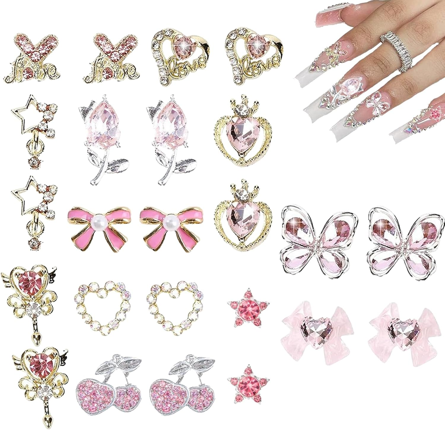 Nail Charm - 3D Manicure Nail Decoration Supplies - Ribbon Bow Heart Star Cherry Butterflies Flower Rhinestones Charm for Salon Manicure Accessories Women Enhanced Creativity image number 6