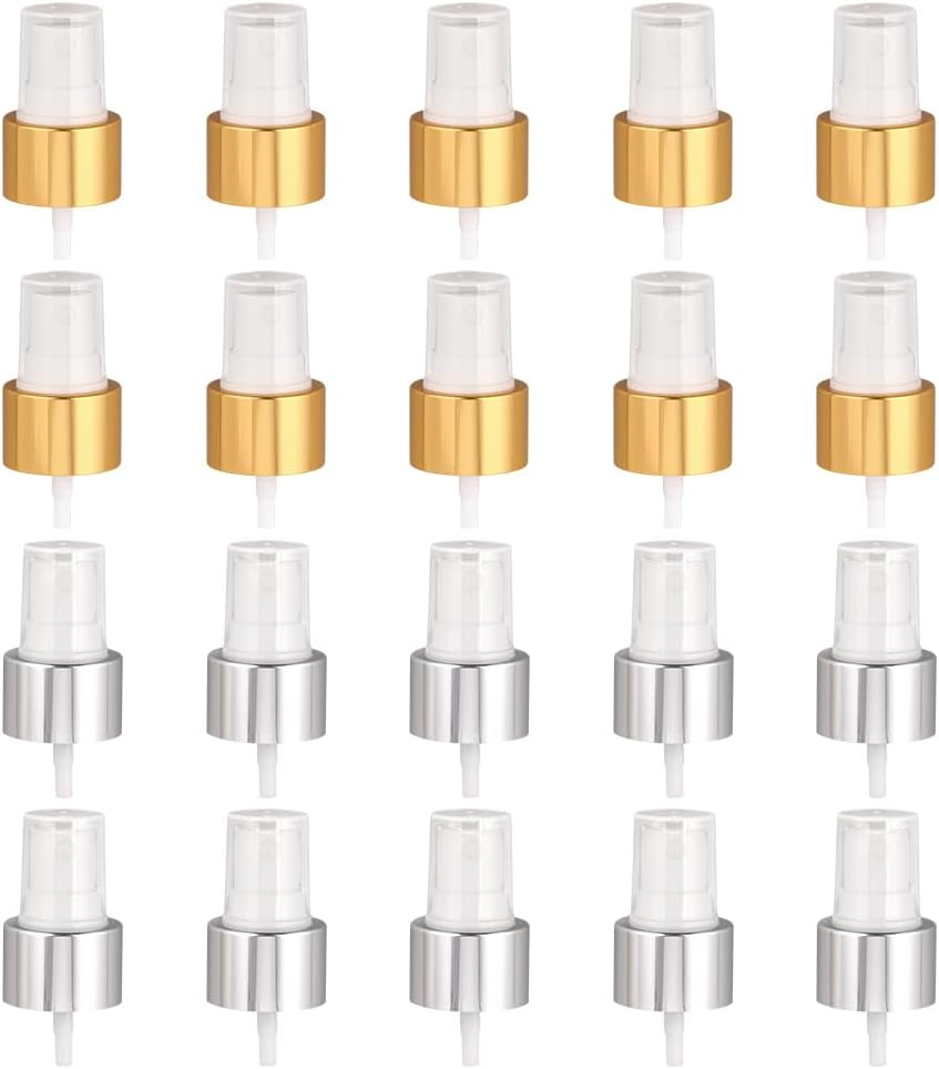 WEBEEDY Pack of 20 2 Colours Spray Bottle Caps 24/410 Fine Spray Atomiser Reusable Nozzle Spray Head Replacement for Perfume Cosmetics Garden Cleaning Christmas (Gold Silver)