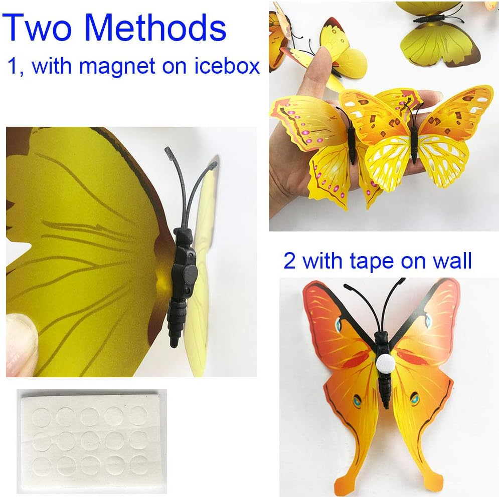 36Pcs 3D Colorful Butterfly Wall Stickers DIY Art Decor Crafts for Party Nursery Classroom Offices Kids Girl Boy Baby Bedroom Bathroom Living Room Magnets and Glue Sticker Set (Yellow-Single Wing) image number 2