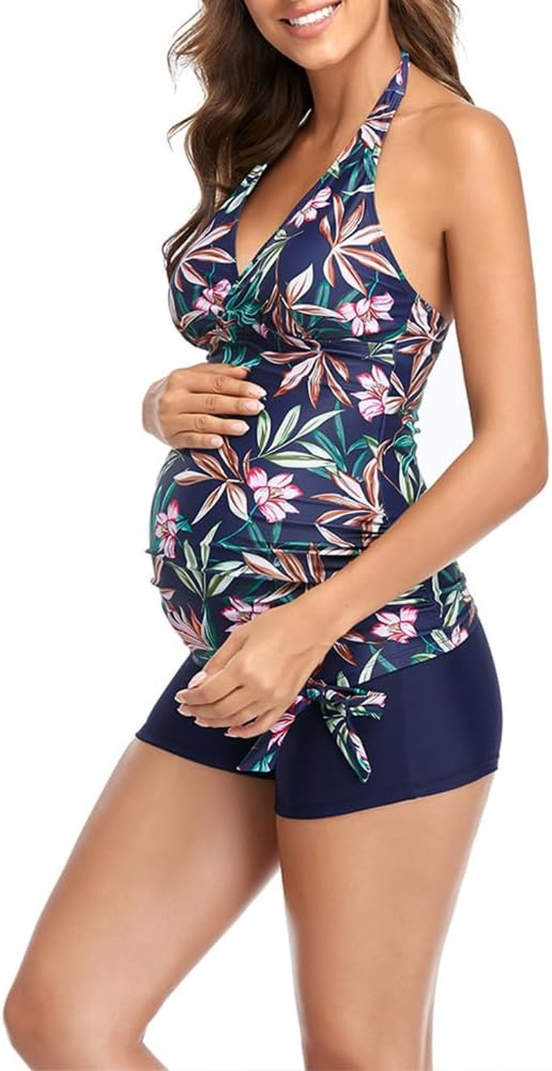 Maternity Swimsuit Two Piece Tankini High Waist Swimwear Floral Print Ruched Tops with Shorts, Goggles and Swim Cap Included