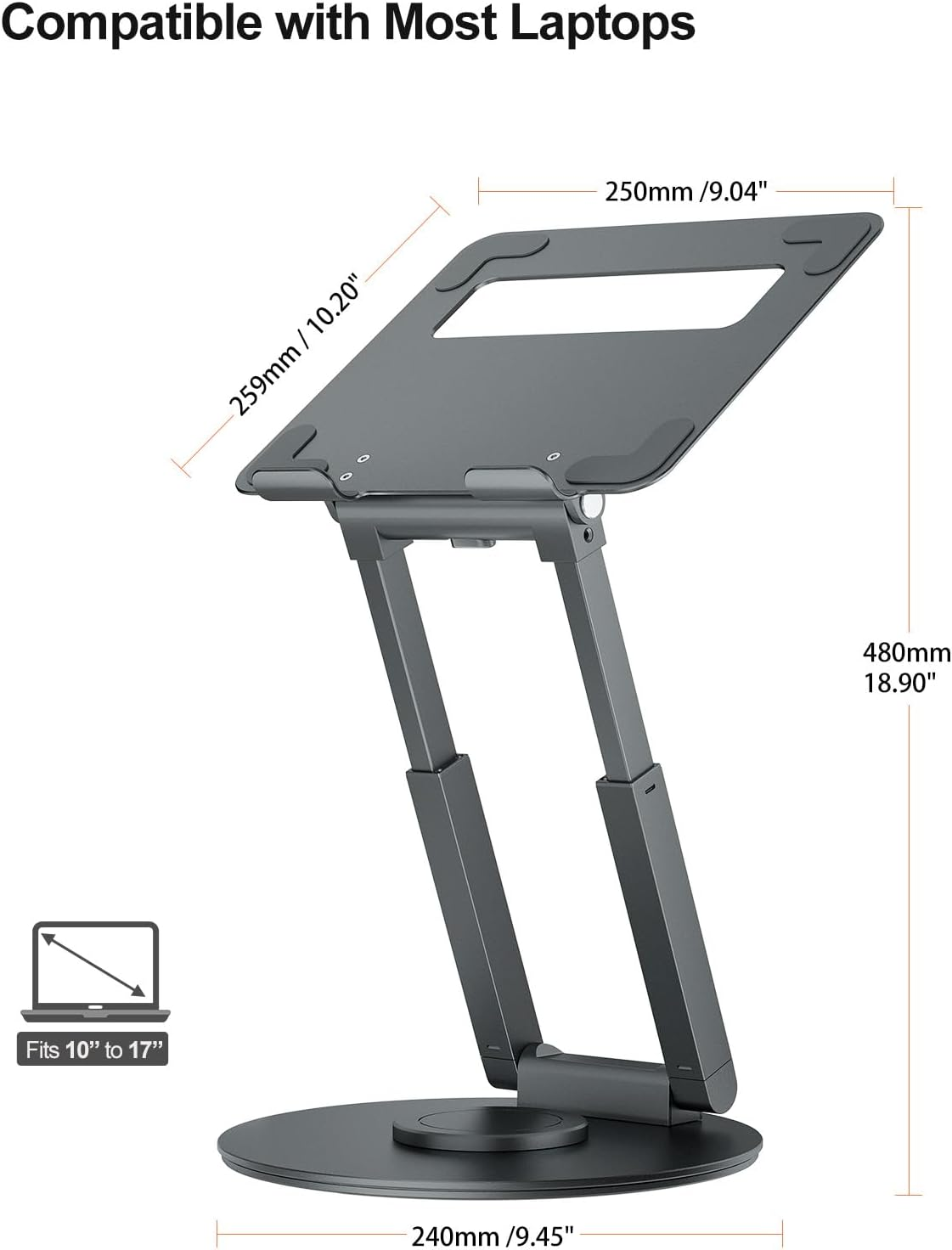 Tounee Telescopic Laptop Stand for Desk with 360&deg; Swivel Base, Sit to Stand, Height Adjustable, Portable Riser Holder for Good Posture, Compatible with Macbook Pro, All Laptops 10-17"