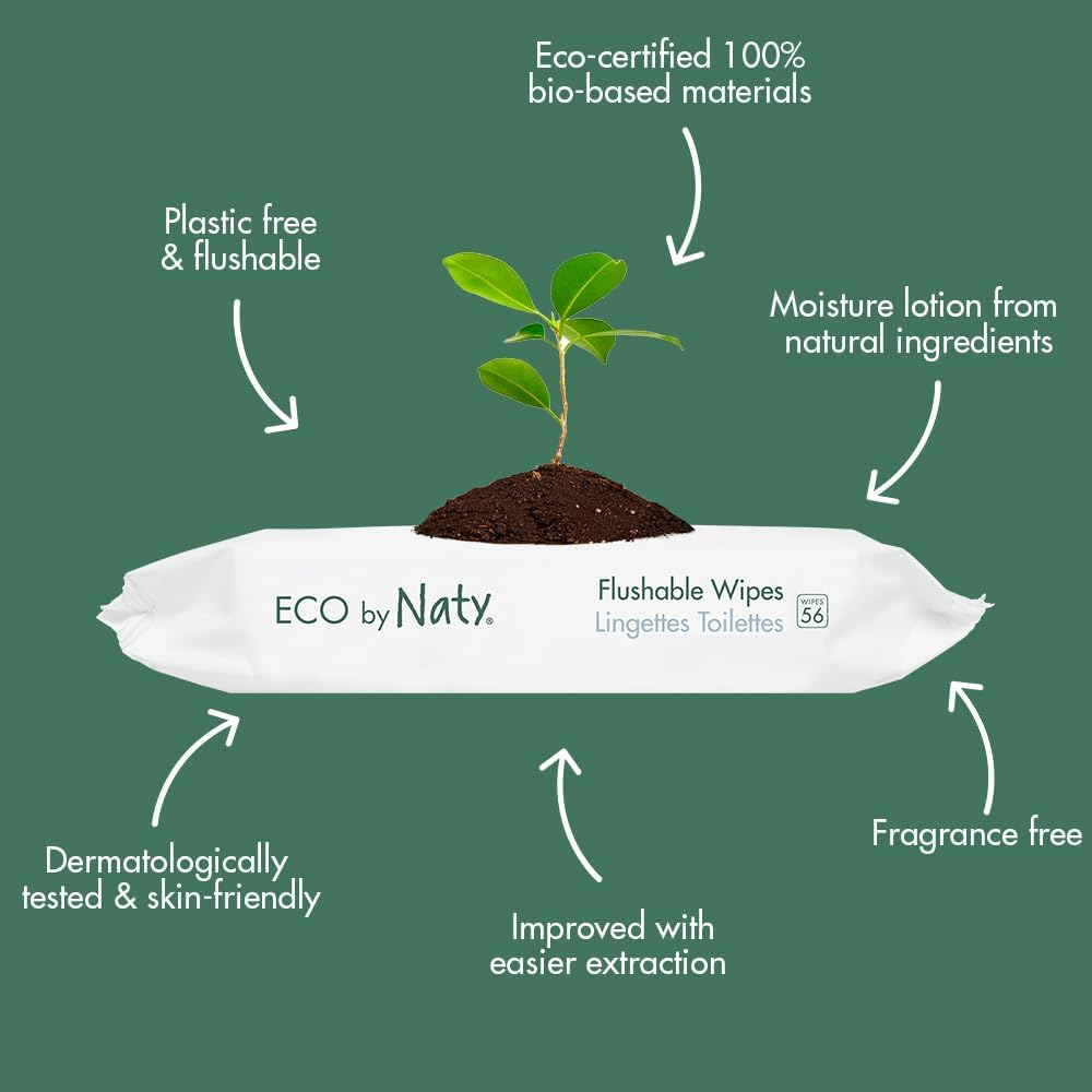 Eco by Naty Flushable Baby Wipes - Compostable and Plant-Based Wipes, Chemical-Free and Hypoallergenic Baby Wipes Safe for Baby Sensitive Skin, 56 Wipes per Pack (3 Pk) image number 2