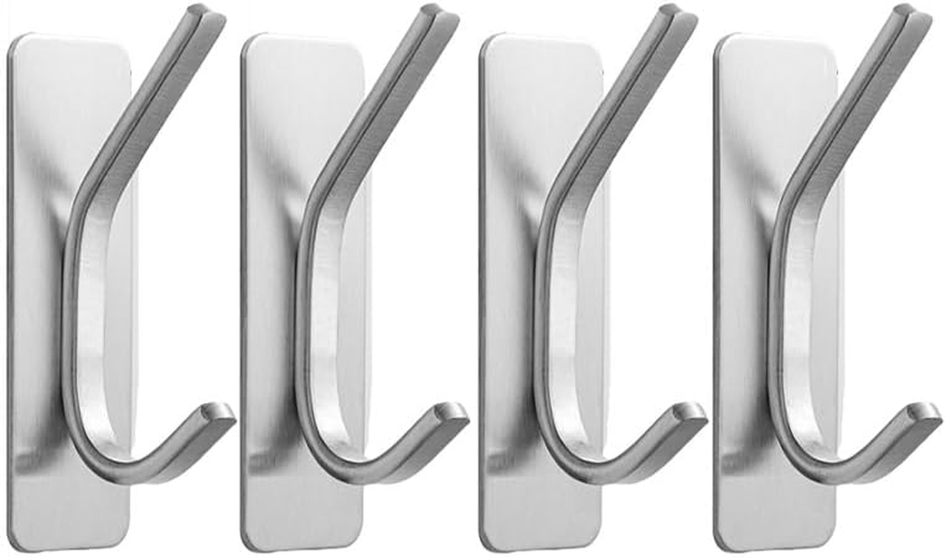 AIMALL 4PCS 304 Stainless Steel Adhesive Hook - Non-Perforated Seamless Single Hook for Bathroom, Kitchen, Door - Heavy Duty Metal Coat Hook