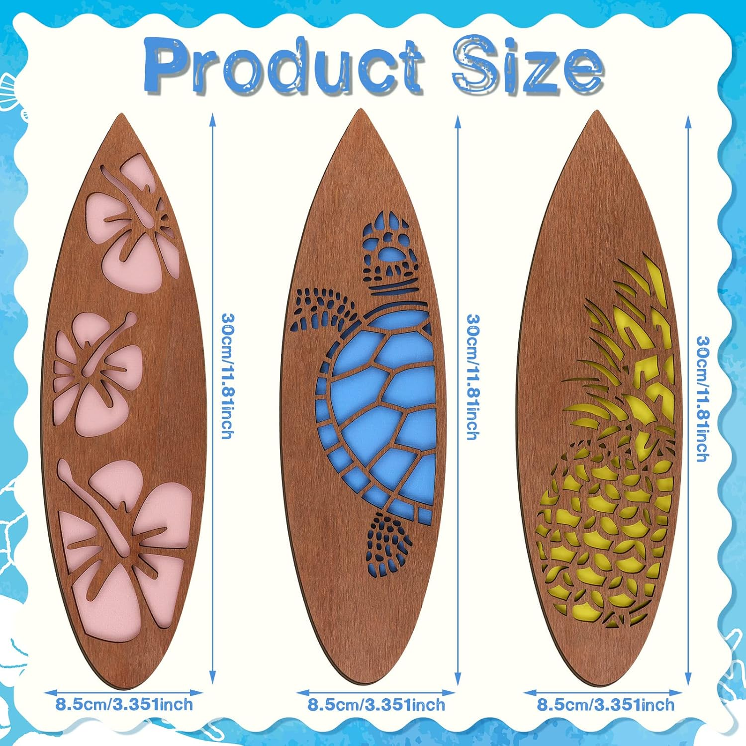 Tatuo 3 Pcs Surfboard Wall Decor Surfboard Hanging Sign Available in Sizes Summer Backdrop for Party Tropical Beach Room Decor Wooden Decoration for Hawaiian Luau(Retro,11.81 X 3.31 X 0.2 Inch) image number 6