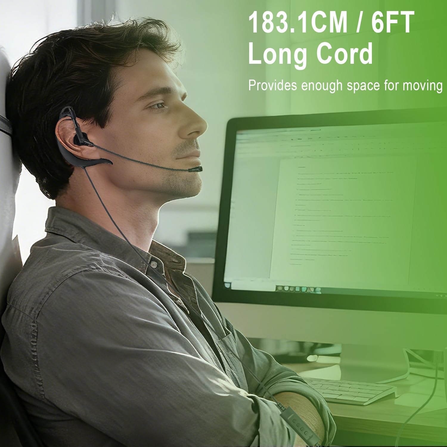 Wired USB Earbud with Microphone Single-Side USB-A Computer Headphone with Adjustable Ear Hook for PC Laptop Computer Mac Zoom Teams Office Work with Volume Controls & Mic/Speaker Mute, Lightweight