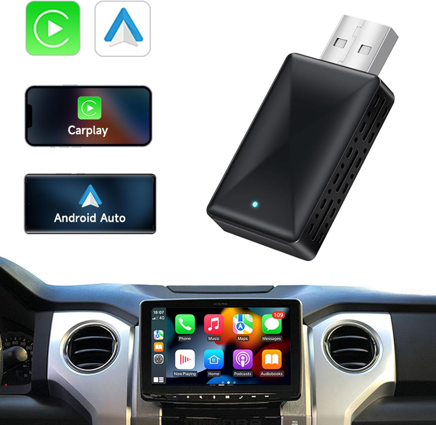 2-In-1 Wireless Carplay & Android Auto Adapter, Plug & Play Dongle for Iphone Ios 10+ & Android 11+, Compatible with Built-In Carplay Cars image number 2