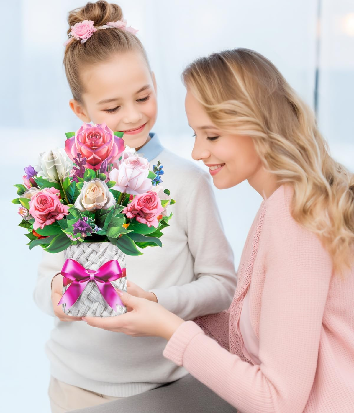 3D Pop-Up Pink & White Rose Bouquet Card Elegant Floral Card for Mother&rsquo;S Day Birthday Anniversary Valentines Thank You Retirement Get Well Thinking of You &ndash; Includes Envelopes & Blank Note Card image number 6
