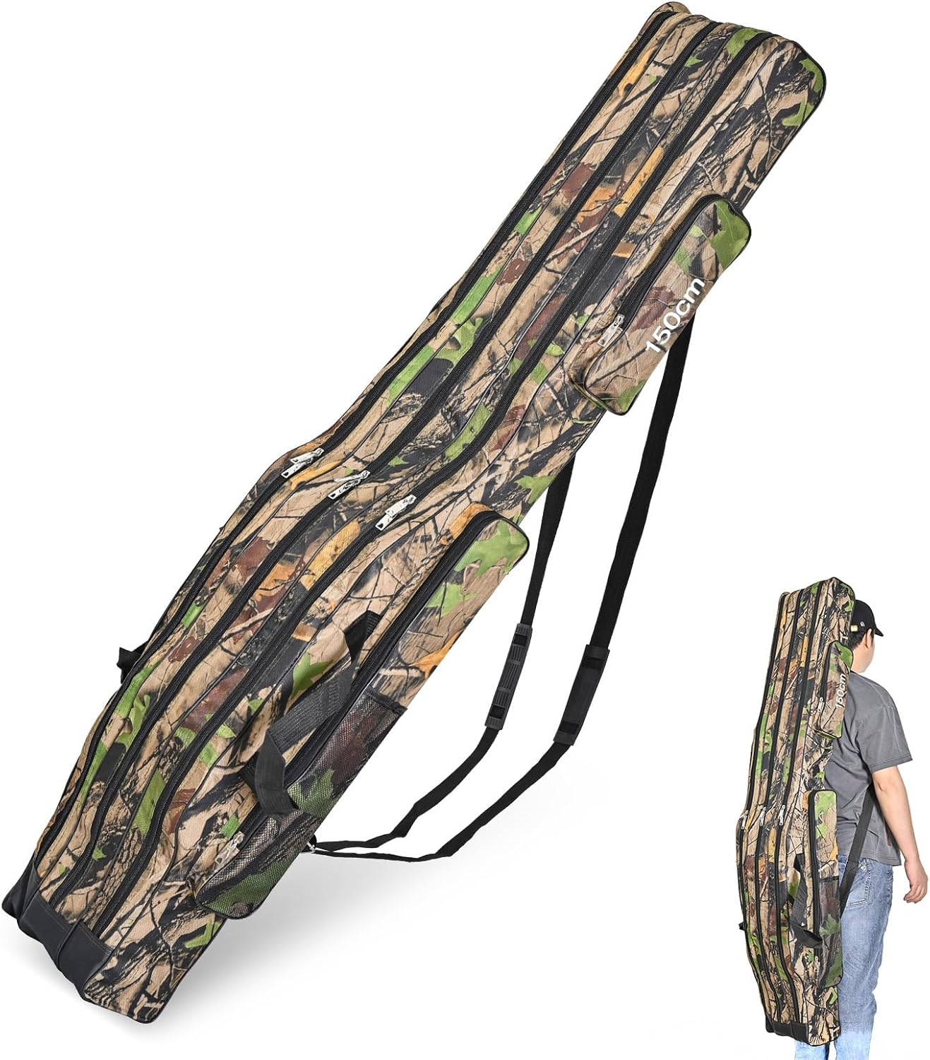 Portable 3 Layers Fishing Pole Bag Durable Oxford Folding Fishing Rod Reel Carry Case Tackle Storage Bag Case Waterproof Camouflage Travel Fishing Carrier (Yellow 150Cm) image number 5