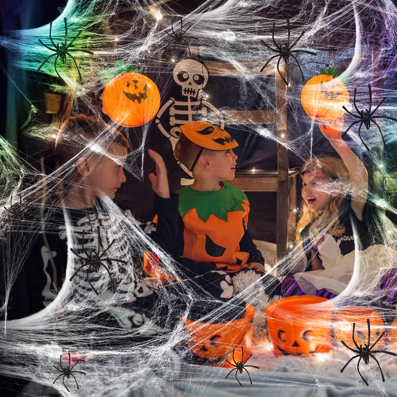 1500 Sqft Halloween Spider Webs Decorations with 150 Extra Fake Spiders, 600 Sqft Super Stretchy Cobwebs for Halloween Decor Indoor and Outdoor (White, 200G/600 Sqft) image number 6