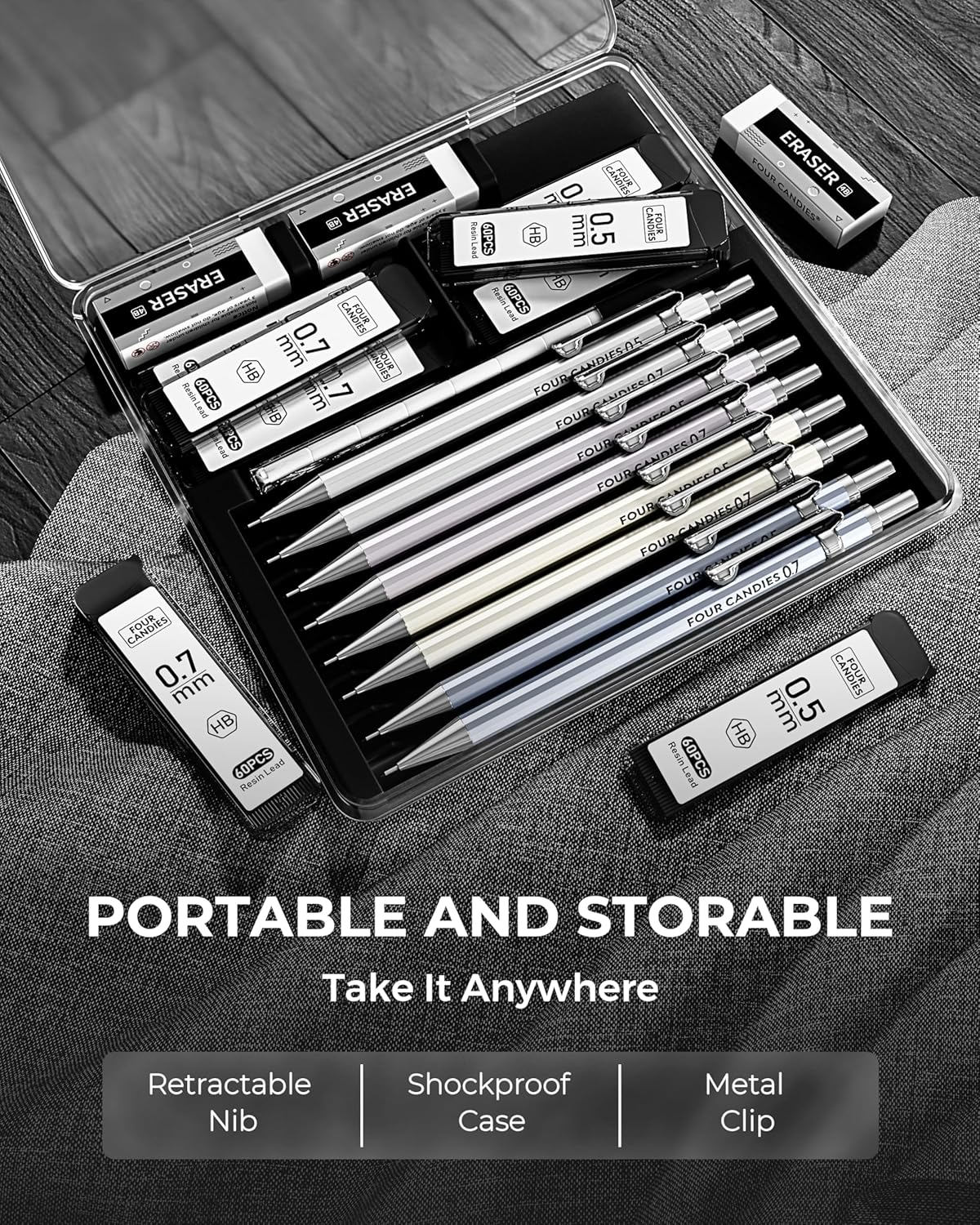 Four Candies 8PCS Metal Mechanical Pencils - 0.5 & 0.7Mm with 8 Tubes HB #2 Lead Refills, Eraser Set and Eraser Refills, 20-Count Pack with Case, Lead Pencils Mechanical for Writing, Drawing, Drafting image number 4