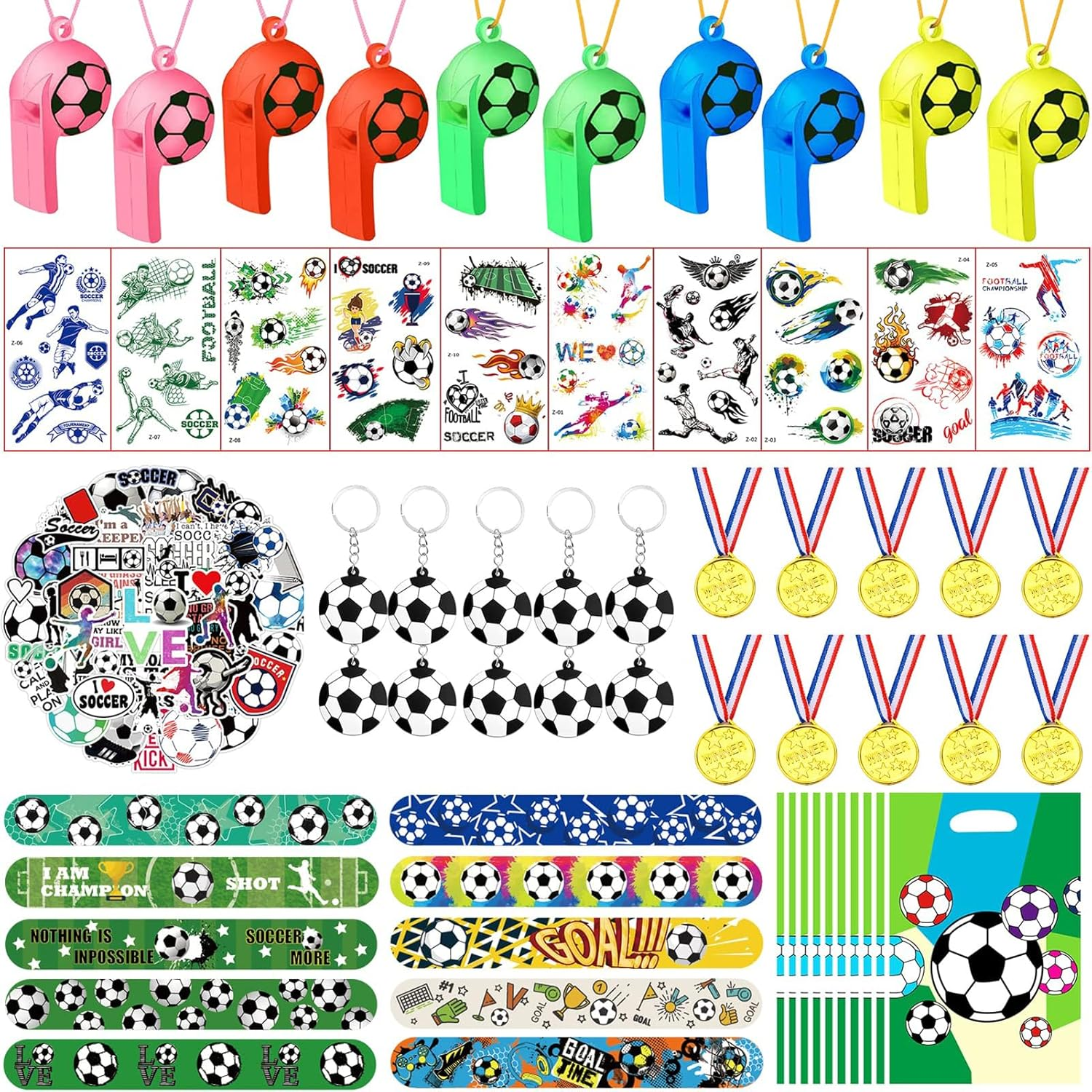 112 PCS Soccer Party Favors Set, Soccer Theme Party Supplies, Soccer Gifts Soccer Handbag Slap Bracelet Whistle Keychains Erasable Tattoos Stickers Gold Medal for Kids Party Favors image number 4