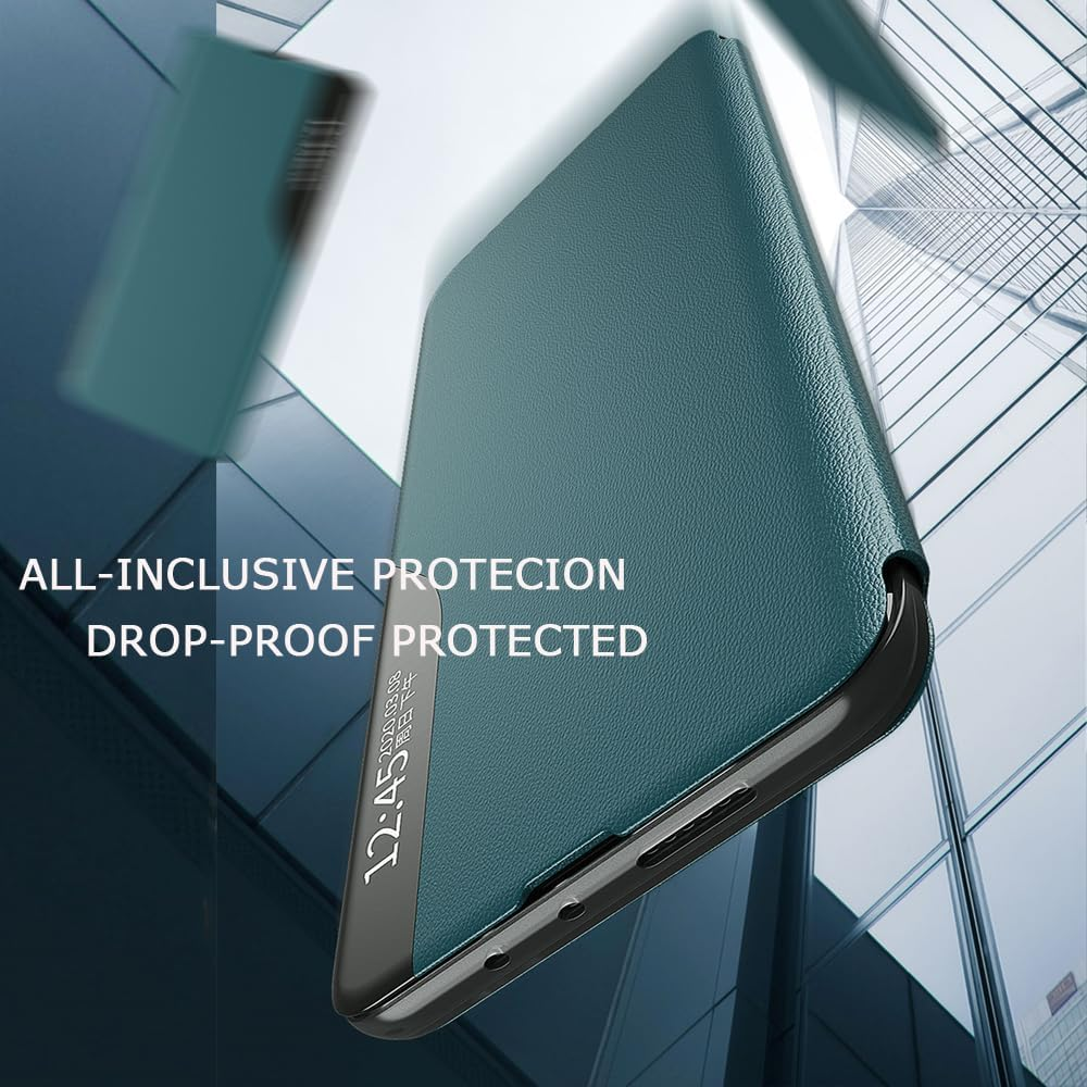 Compatible with Samsung Galaxy S22 Ultra Case, Smart Clear View Windows Case + Flip PU Leather Stand Cover for Women Men, Shockproof Drop Protective Cover for Galaxy S22 Ultra Black QHC - Blue image number 6