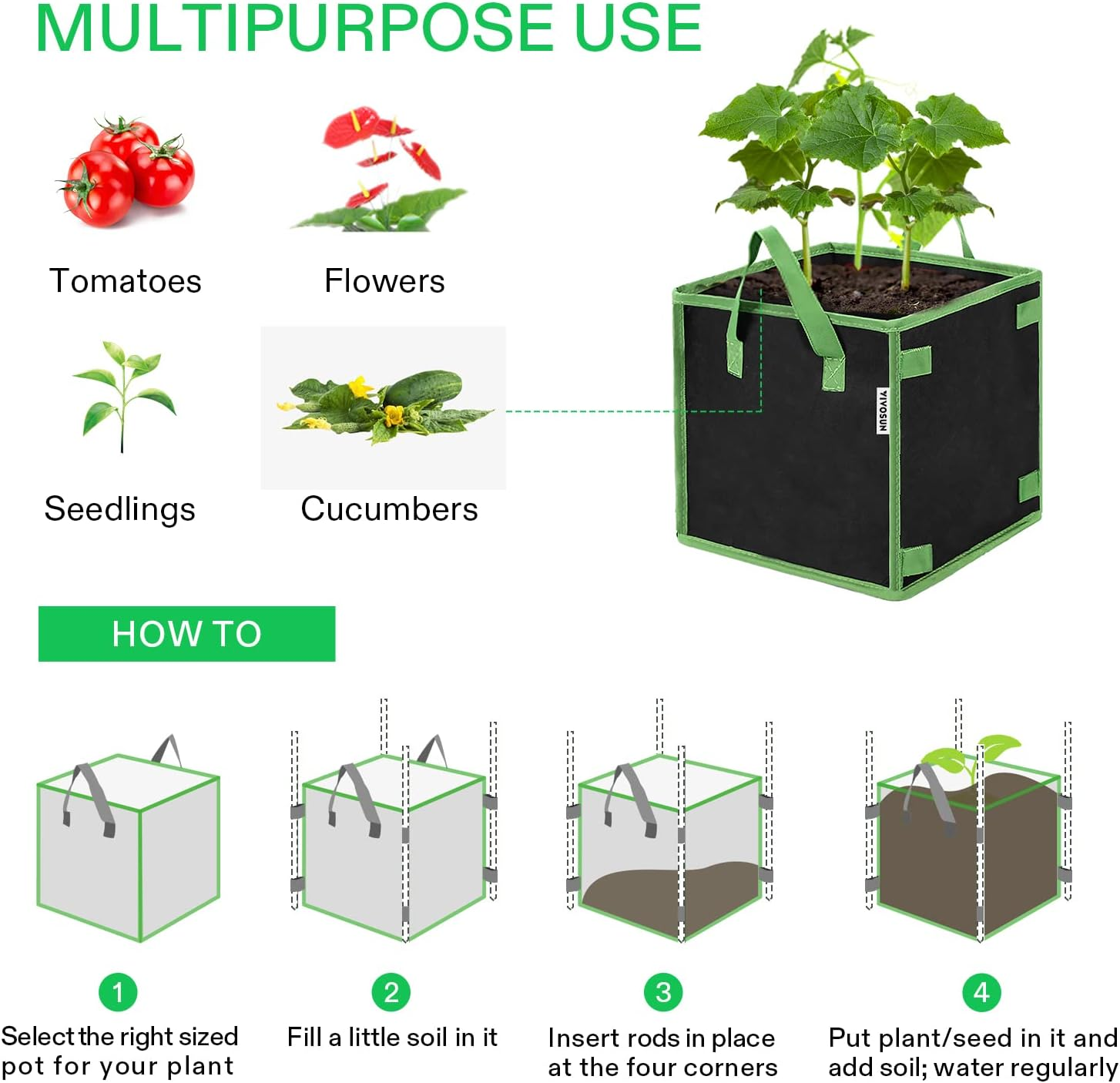 VIVOSUN 5 Pack 3 Gallon Square Grow Bags, Thick Nonwoven Cubic Fabric Pots with Handles for Indoor and Outdoor Gardening image number 5