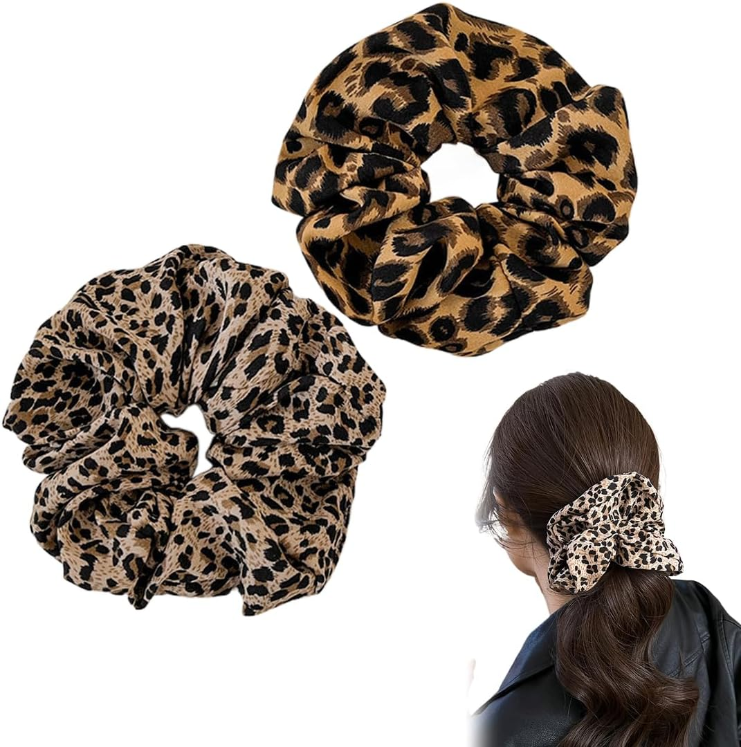 YUZNA 2 X Hair Bands for Women Strong Hold Extra Large Scrunchies for Thick Hair (Leopard Pattern) image number 2