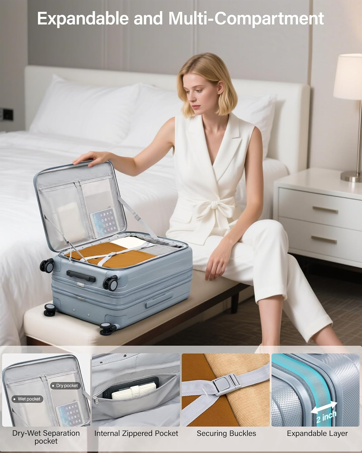 Hanke 26 Inch Expandable Luggage Top Opening Checked Bag Luggage Hard Shell Suitcases with Wheels Lightweight Travel Luggage Heavy Duty Luggage Suitcase with Lock for Woman Men-Grey image number 4