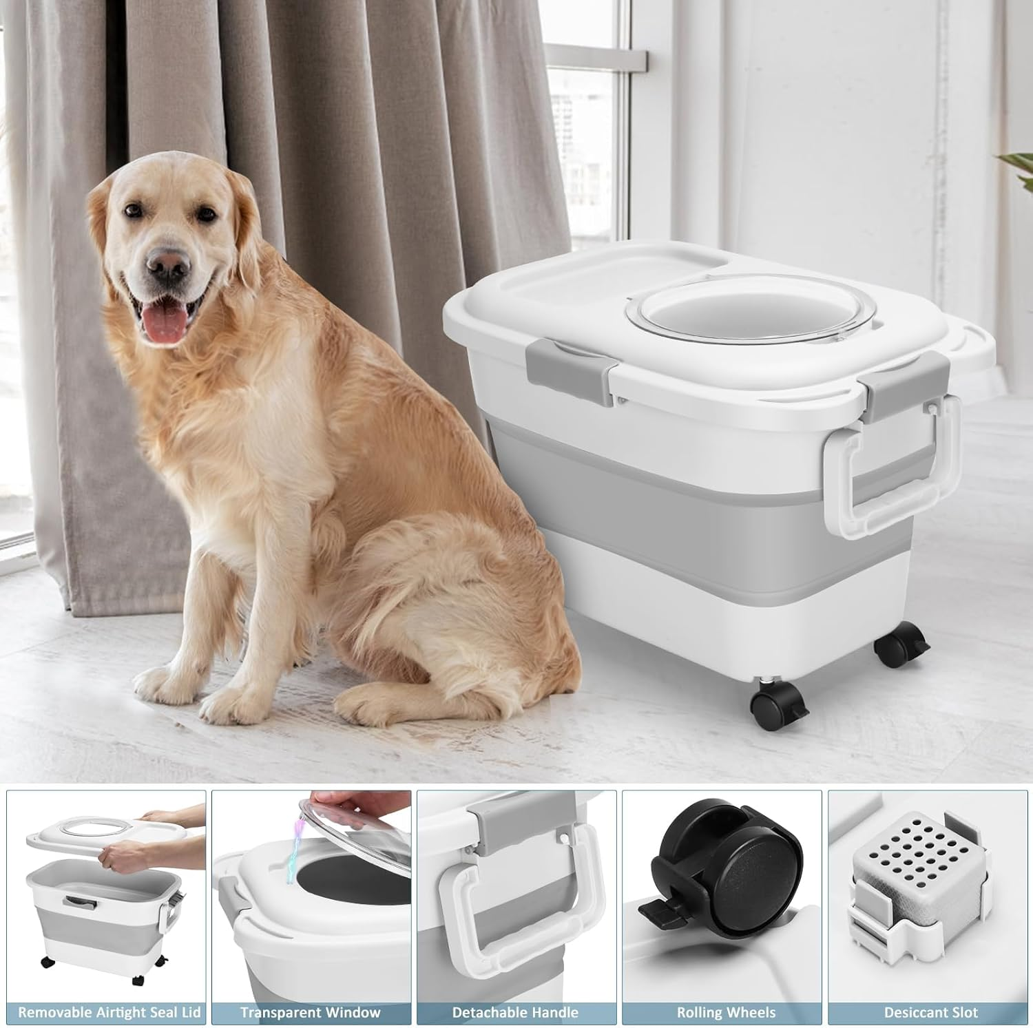 Dog Food Storage Container, 5~20 Lb Collapsible Dog Food Storage Containers with Lids Airtight, Pet Food Scoop,Measuring Cups, Rolling Wheels & Handles, Keep Dry Dog/Cat/Bird Food Fresh,Easy to Move ﻿