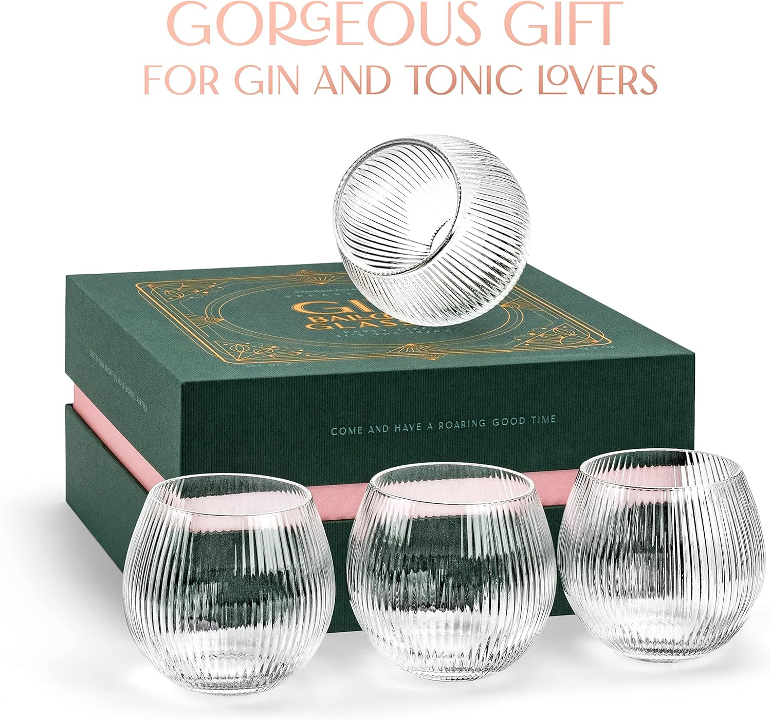 Vintage Art Deco Gin and Tonic Balloon Glasses | Set of 4 | 13.5 Oz Stemless Crystal Copas for Drinking Gin Cocktails | Retro Gift Goblets for Gin Lovers | Bubble Cups for Bar Drinks image number 3