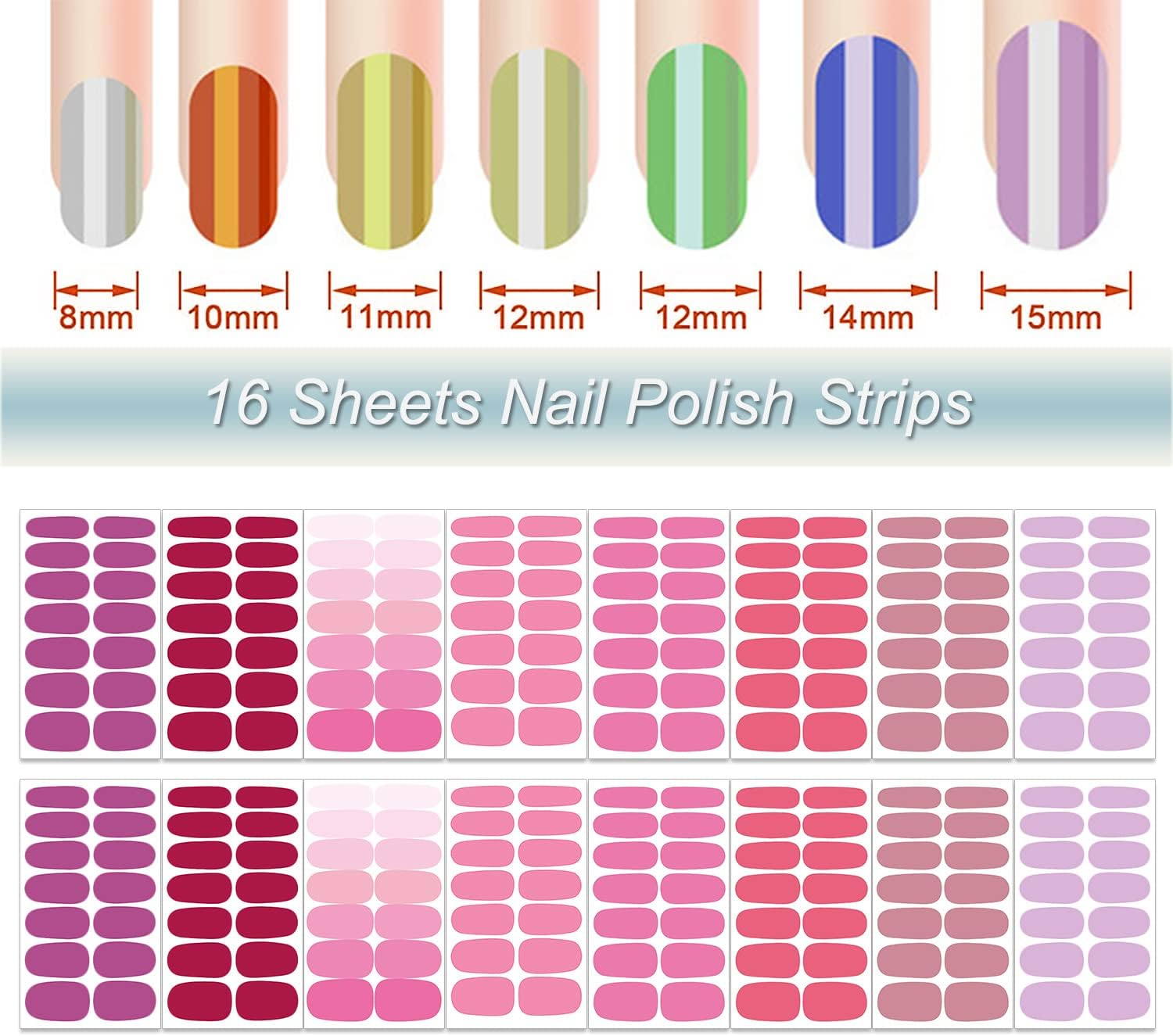 DANNEASY 16 Sheets Nail Wraps for Women Nail Polish Strips Solid Color Self Adhesive Sticker Nails Acrylic Nail Art Accessories with 1Pc File, Cuticle Stick (Pink Red) image number 6