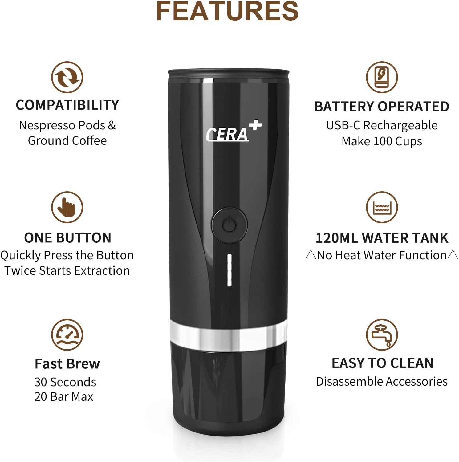 CERA+ Portable Electric Coffee Maker Espresso Machine Mini Compatible with Ground Coffee and NS Capsules Fast Brewing Espresso for Camping Office (Electric Extraction over 100 CUPS)