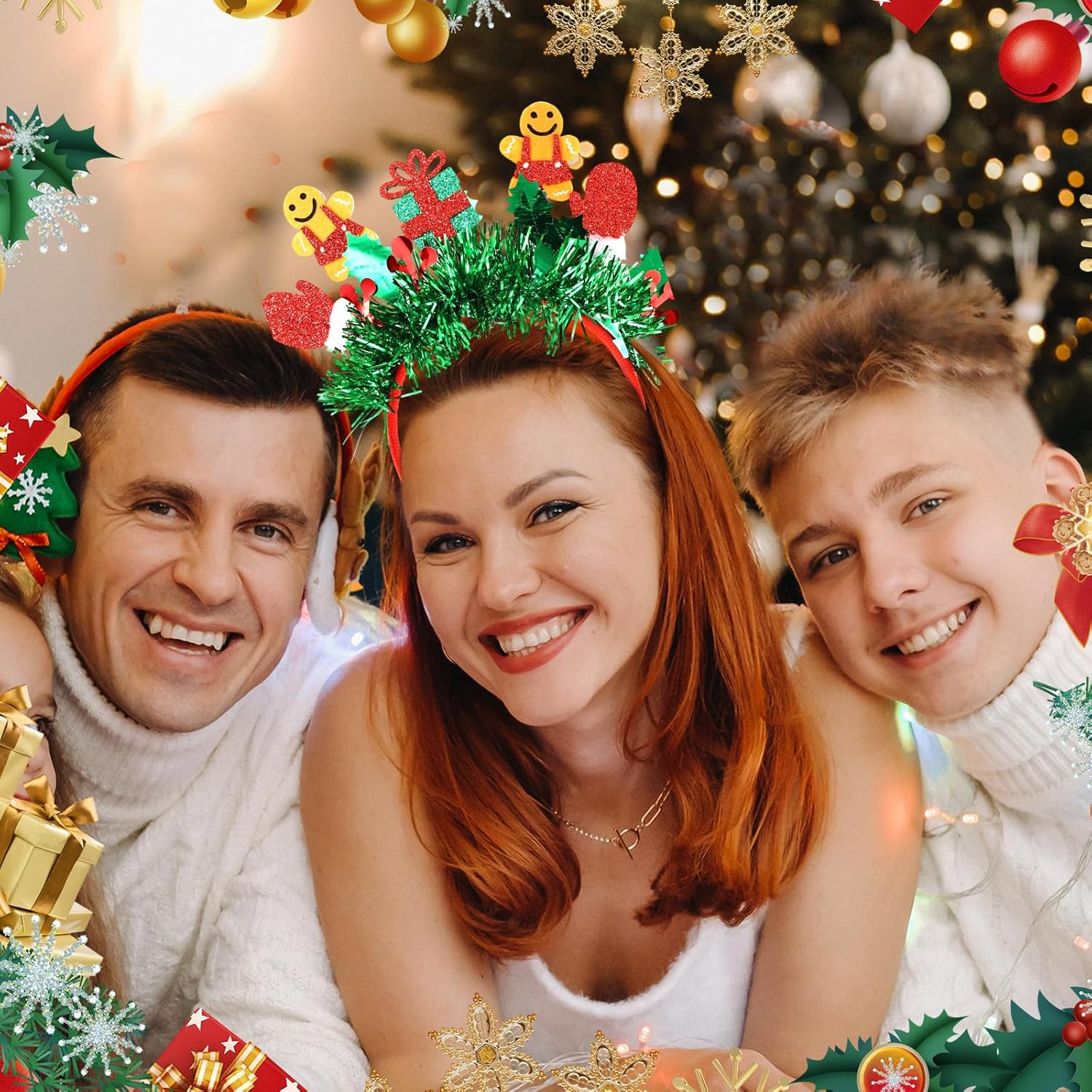 Christmas Gingerbread Man Headband, Adorable Glitter Green Tassel Gingerbread Man Christmas Headband Funny Festival Headdress Accessories for Women image number 5