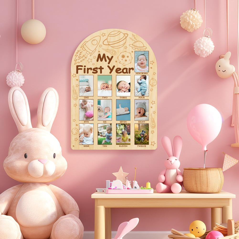ORIGACH My First Year Baby Growth Photo Display Wood Board - 12 Months Newborn Milestones Photo Board - Neutral Baby Keepsake Board 1St Birthday Party Nursery Decor New Mom Gift - Space image number 2