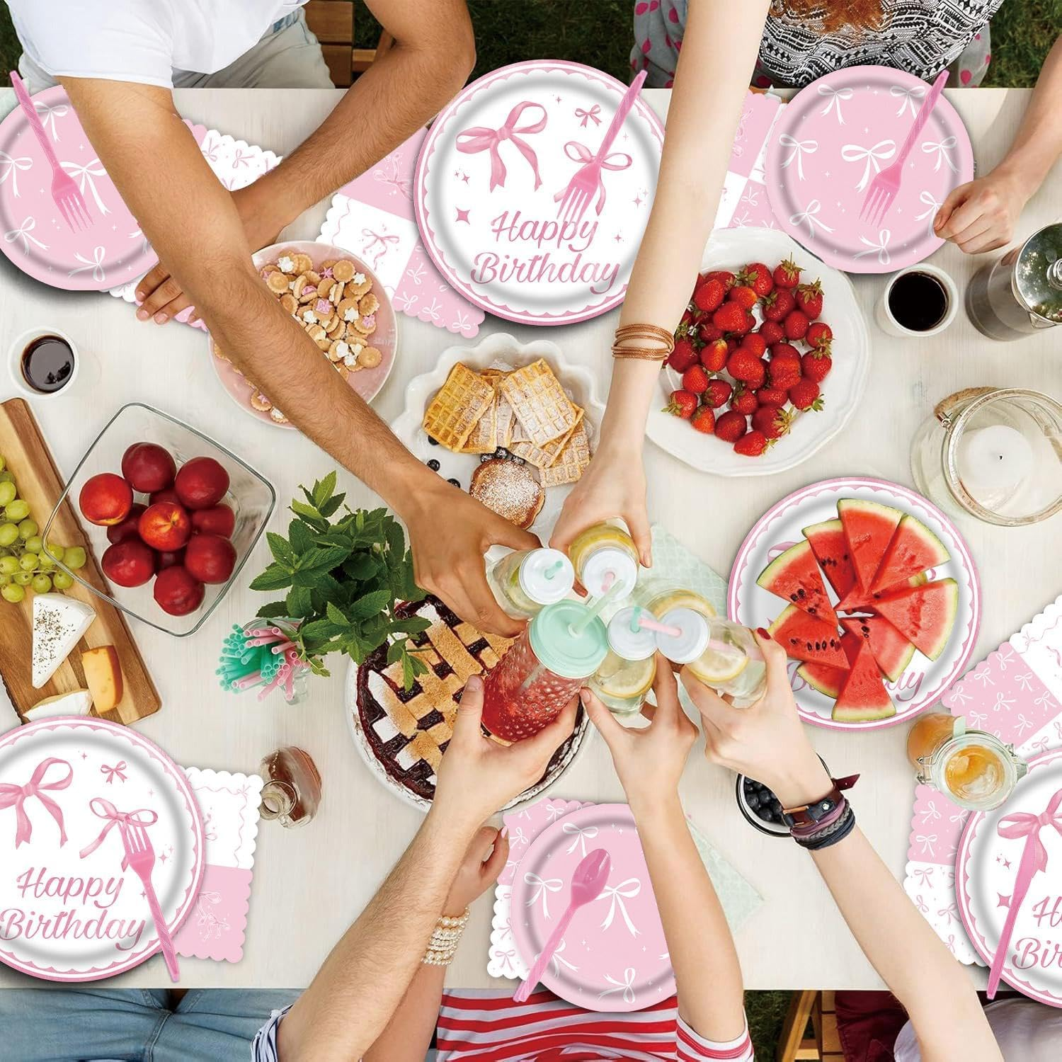 76PCS Happy Birthday Party Tableware Plates Romance Pink Bow Banner Tableware Set Valentine'S Day Party Decorations Theme Disposable Paper Plates Napkins Cups Tablecloth Party Table Decor Upgraded