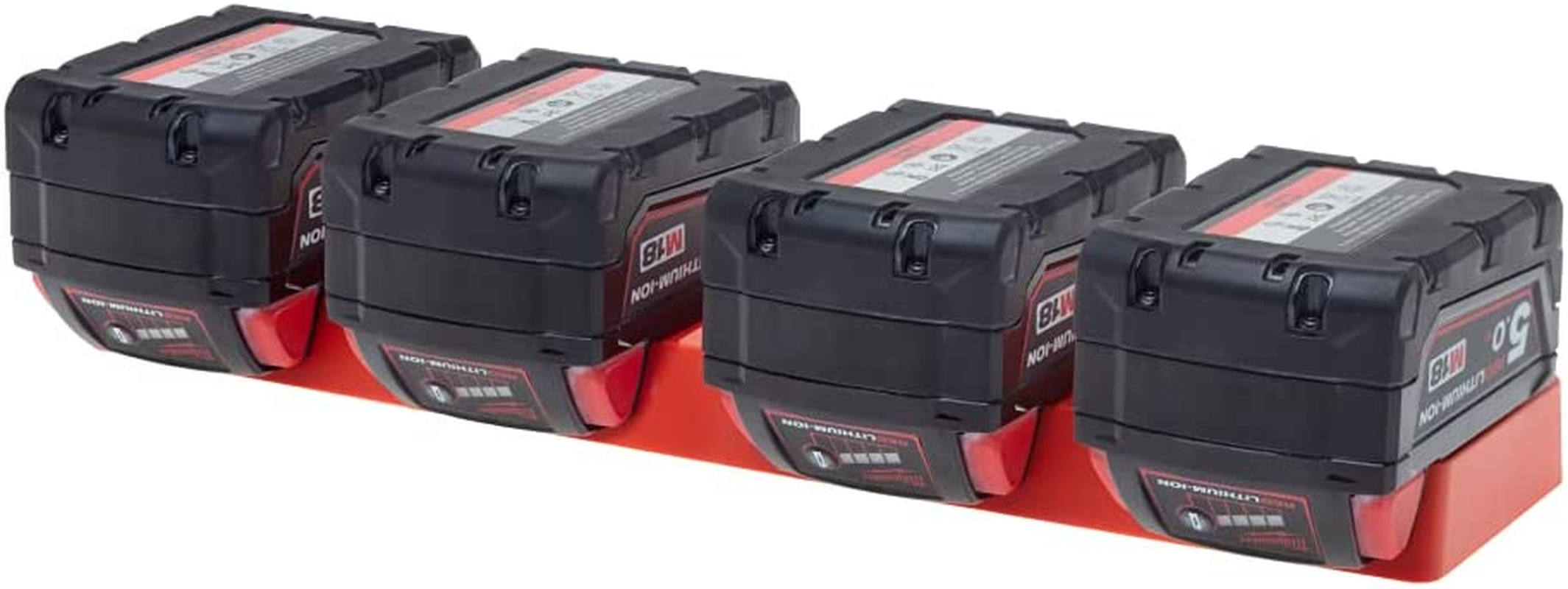 48 Tools Milwaukee M18 18V Battery Wall Storage Mount - Durable ABS, Easy Install, 4-Bay Holder for Workshop, Trailer, Van - Red image number 5