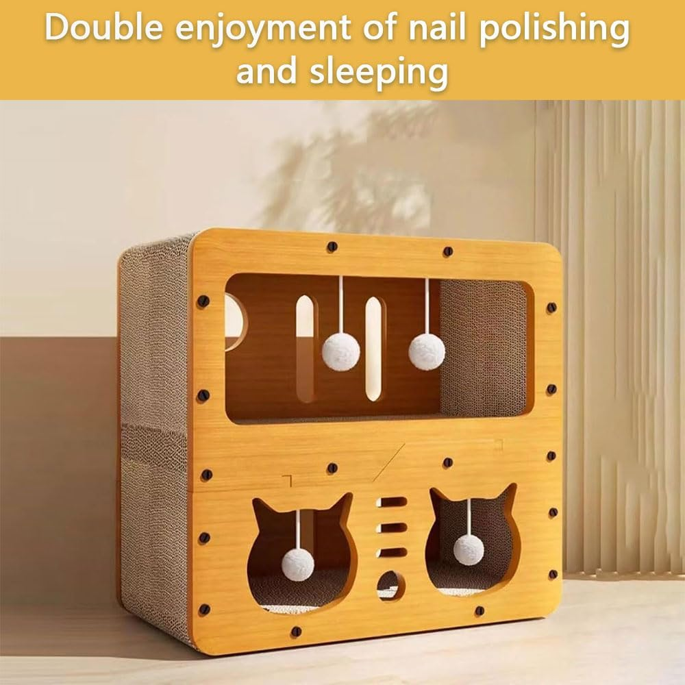Double-Layer Cardboard Cat House &ndash; Indoor Cat Hideaway with Scratching Pads & Hanging Ball Toy, Durable Corrugated Cat Condo, Easy to Assemble for Kittens & Adult Cats (45&times;28&times;51Cm)