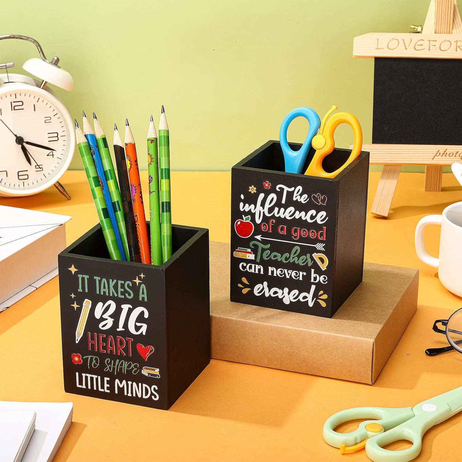 Teling 2 Pcs Teacher Appreciation Gift Teacher Pencil Holder for Desk Wooden Desktop Organizer Cup Storage Case for Back to School Supplies Party Favor Office Home Study Room Accessories(Stylish) image number 2