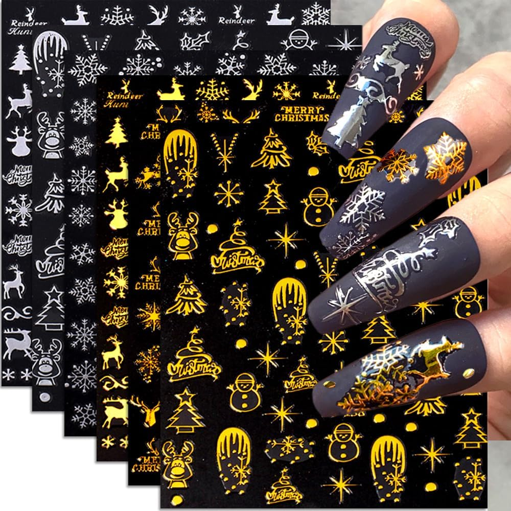 Christmas Nail Stickers, 8 Sheets, Self-Adhesive Snowflake 3D Gold Silver Snowflake Nail Stickers, Winter Nail Art Decals Design, DIY Decoration