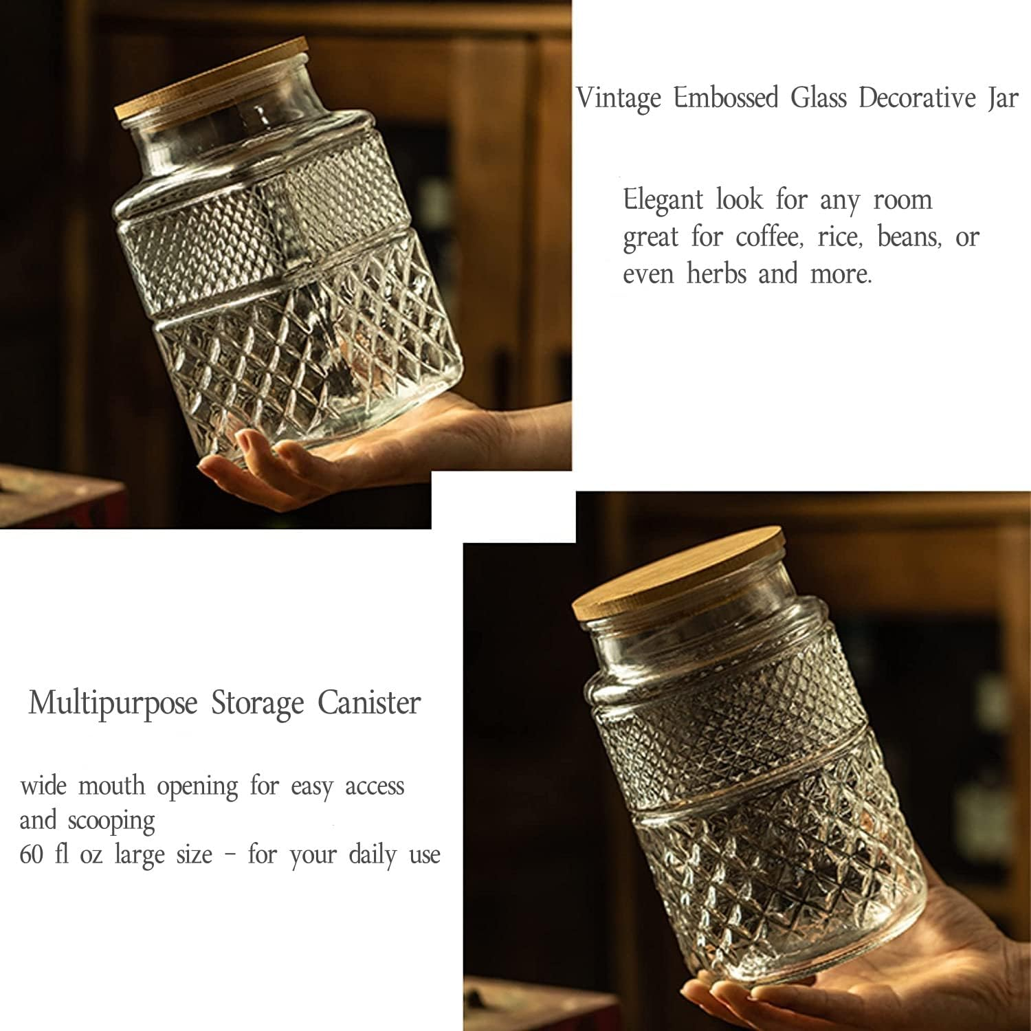 Large Glass Storage Jar, 2 Pack 60 FL OZ Glass Food Storage Containers with Bamboo Lid, Kitchen Containers Cereal Canisters Decorative Jar for Candy Snack Cookies Coffee Tea Nuts Airtight Jars image number 6