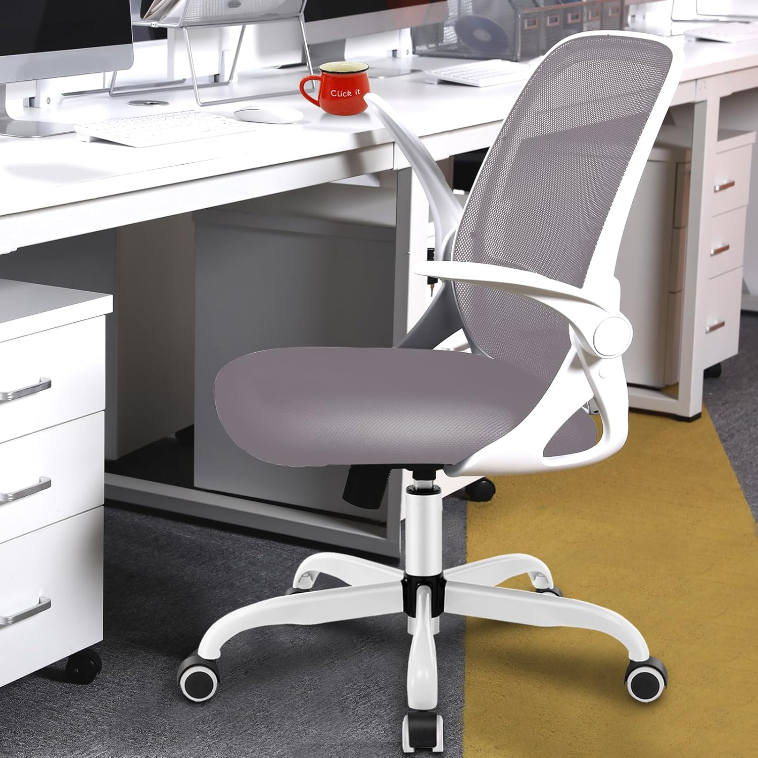 KERDOM Office Chair, Ergonomic Desk Chair, Breathable Mesh Computer Chair, Comfy Swivel Task Chair with Flip-Up Armrests and Adjustable Height (Kd933-C-Grey)