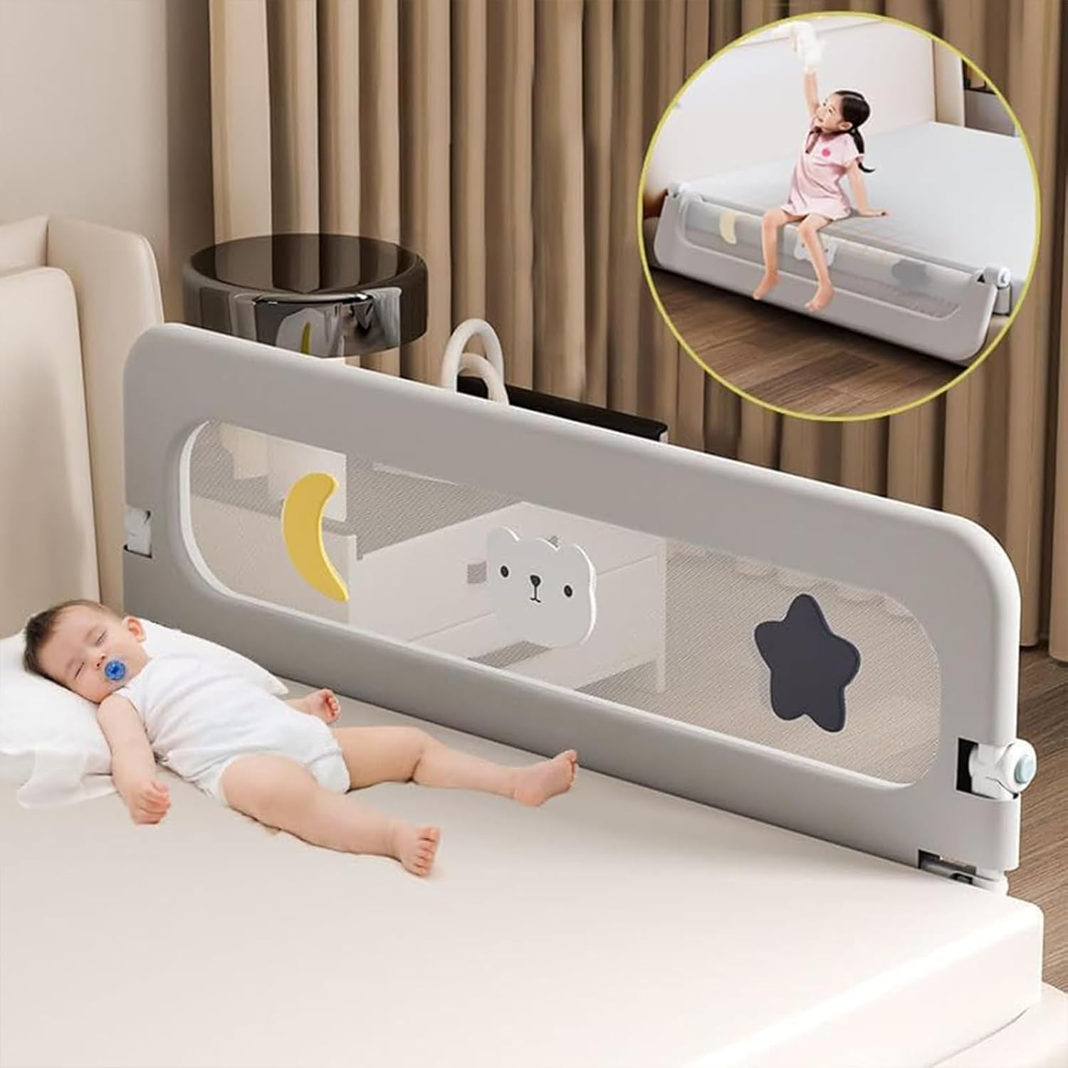Toddler Bed Rails Guard, 1.8M/70.9In Foldable Crib Rail Guard Height Adjustable Baby Bed Rail Guard, Kids' Bed Rails with Breathable Mesh Infant Bed Rail Guard, Bed Rails Guard for Baby (1.8M)