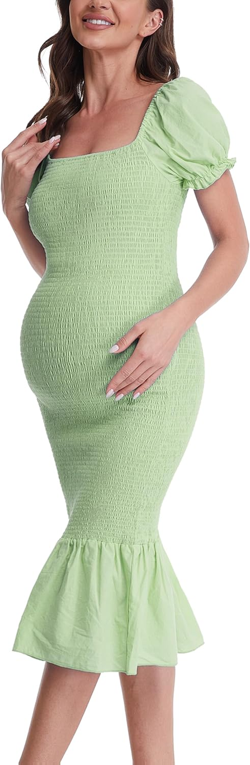 Maternity Summer Midi Bodycon Dresses, Short Puff Sleeve Square Neck Ruffle Hem Mermaid Baby Shower Dress image number 3